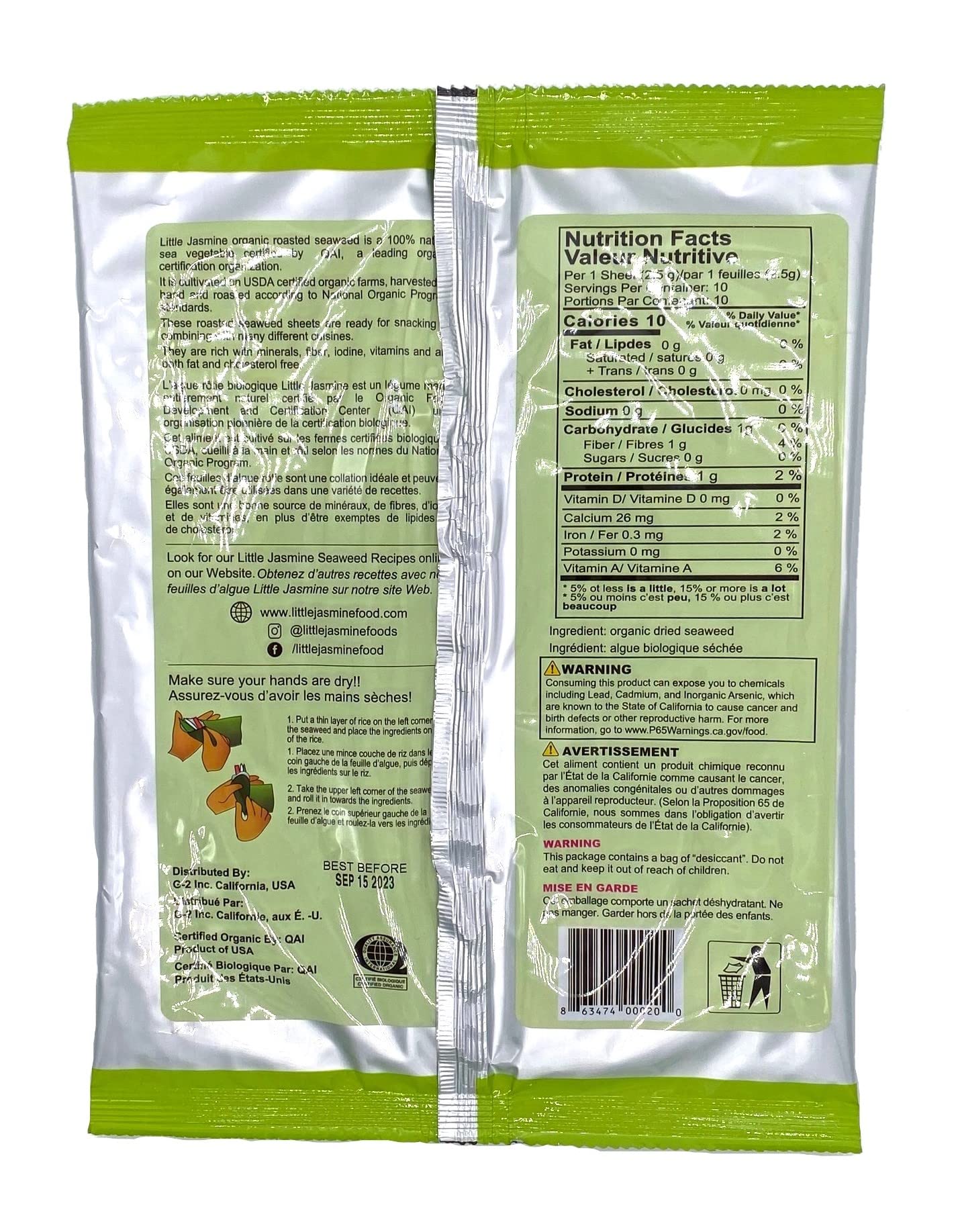 Little Jasmine USDA Organic, Non-GMO Roasted Nori Seaweed-10 Full Sheets (2packs)