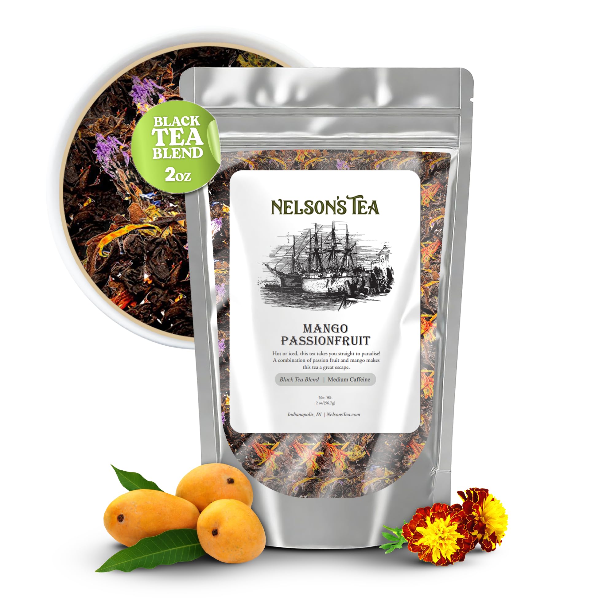 Nelson's Tea Mango Passionfruit - Black Loose Leaf Tea - Irresistable Blend of Black Tea, Dried Mango, Cornflowers, Marigold Petals, and Safflower