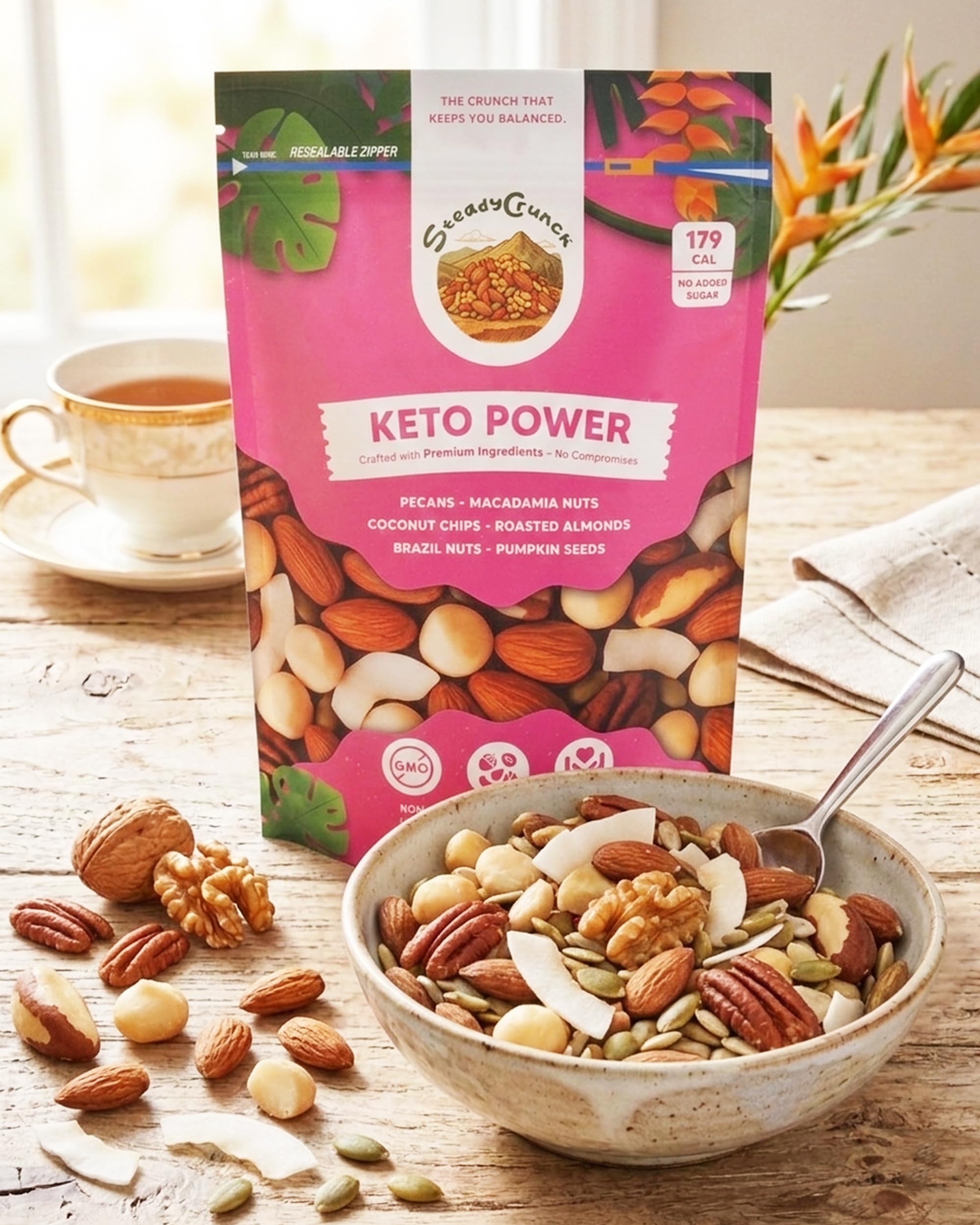 SteadyCrunch Keto Power Mixed Nuts - Sugar Free & Non-GMO, High Protein Snack Packs - Pecans, Macadamia, Almonds & Brazil Nuts Trail Mix - Low Carb