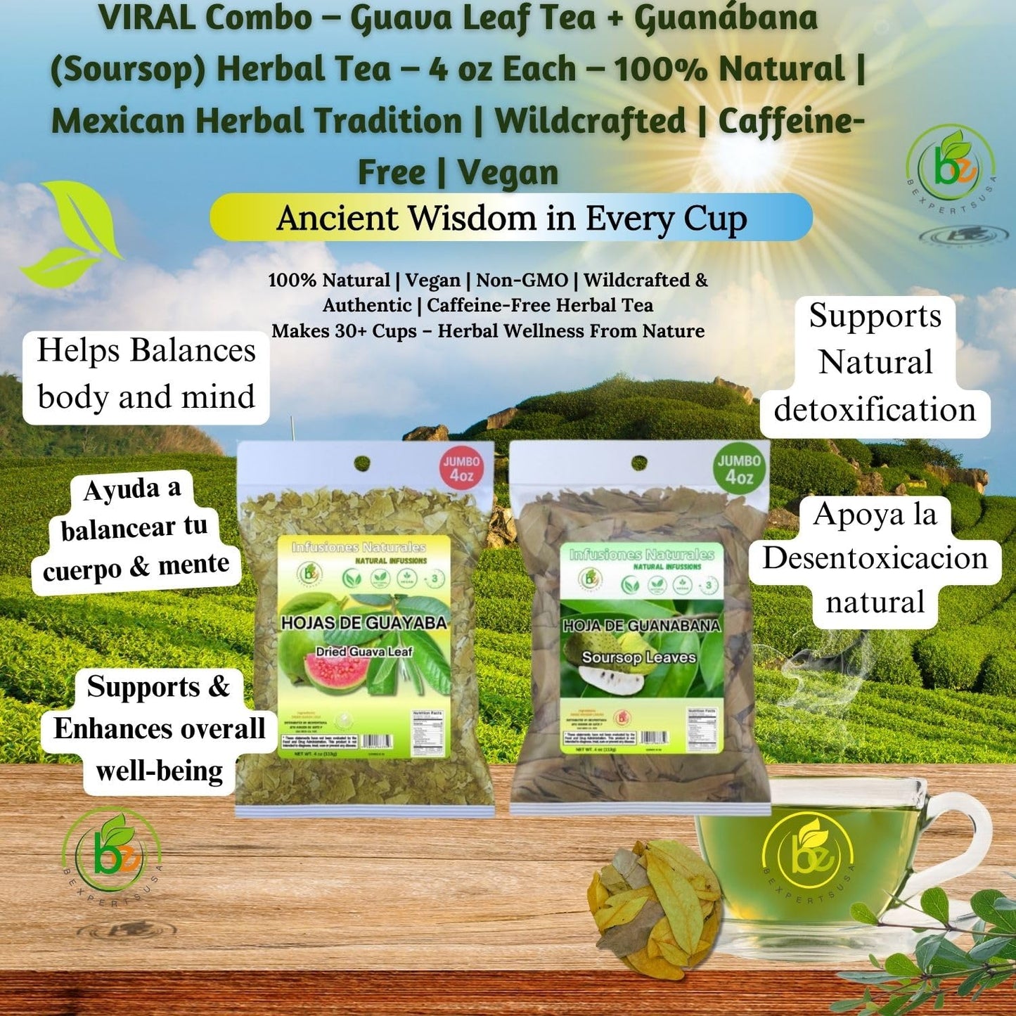 BexpertsUSA - Guayaba(Guava) Leaf Tea (4 oz) + Guanábana (Soursop) Leaves Tea (4 oz) - Wildcrafted Loose Leaf Herbal, Viral Combo - 100% Natural