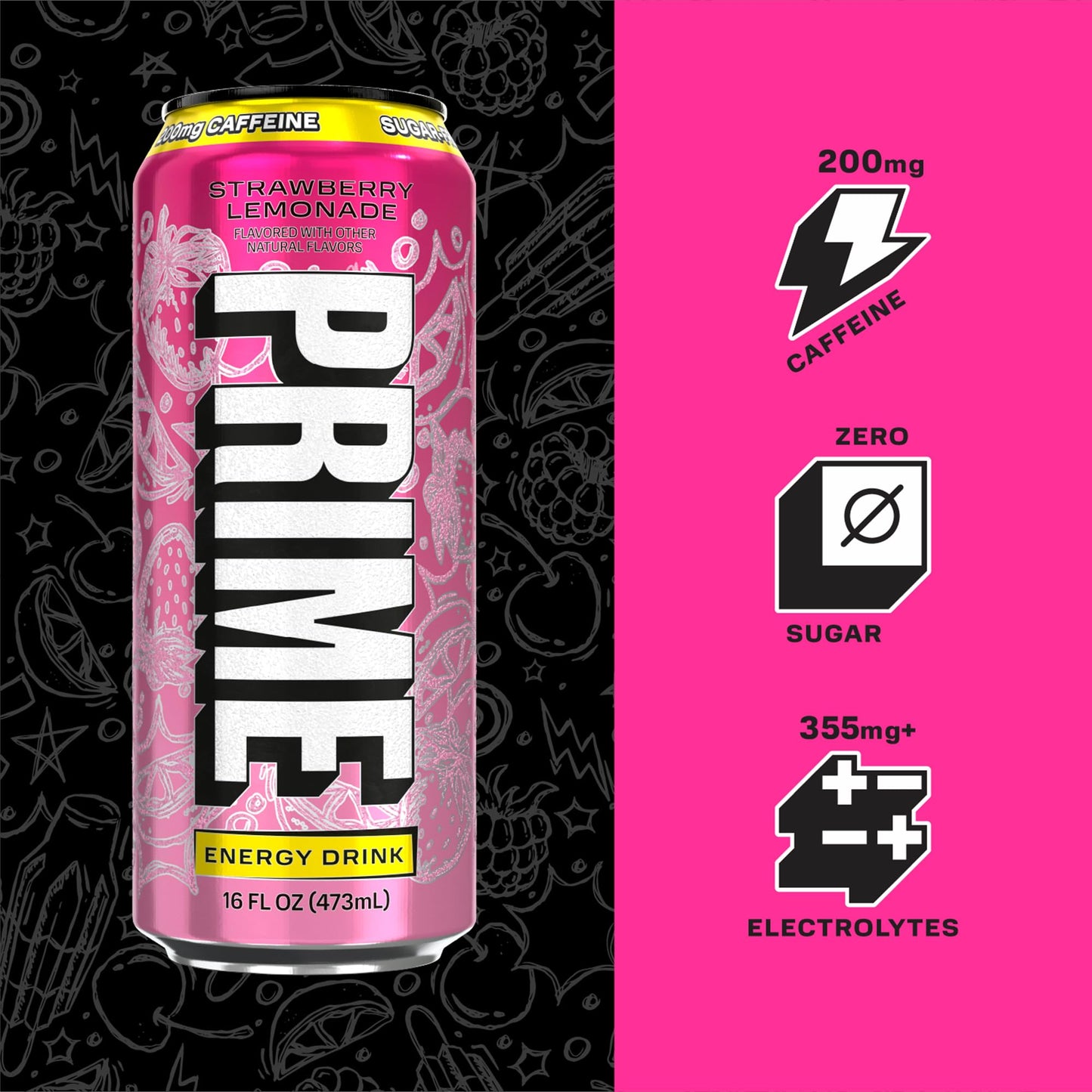 PRIME Energy STRAWBERRY LEMONADE, Sugar Free Energy Drink, 200mg Caffeine and 355mg of Electrolytes for Hydration, Low Calorie, Vegan, Gluten Free,16