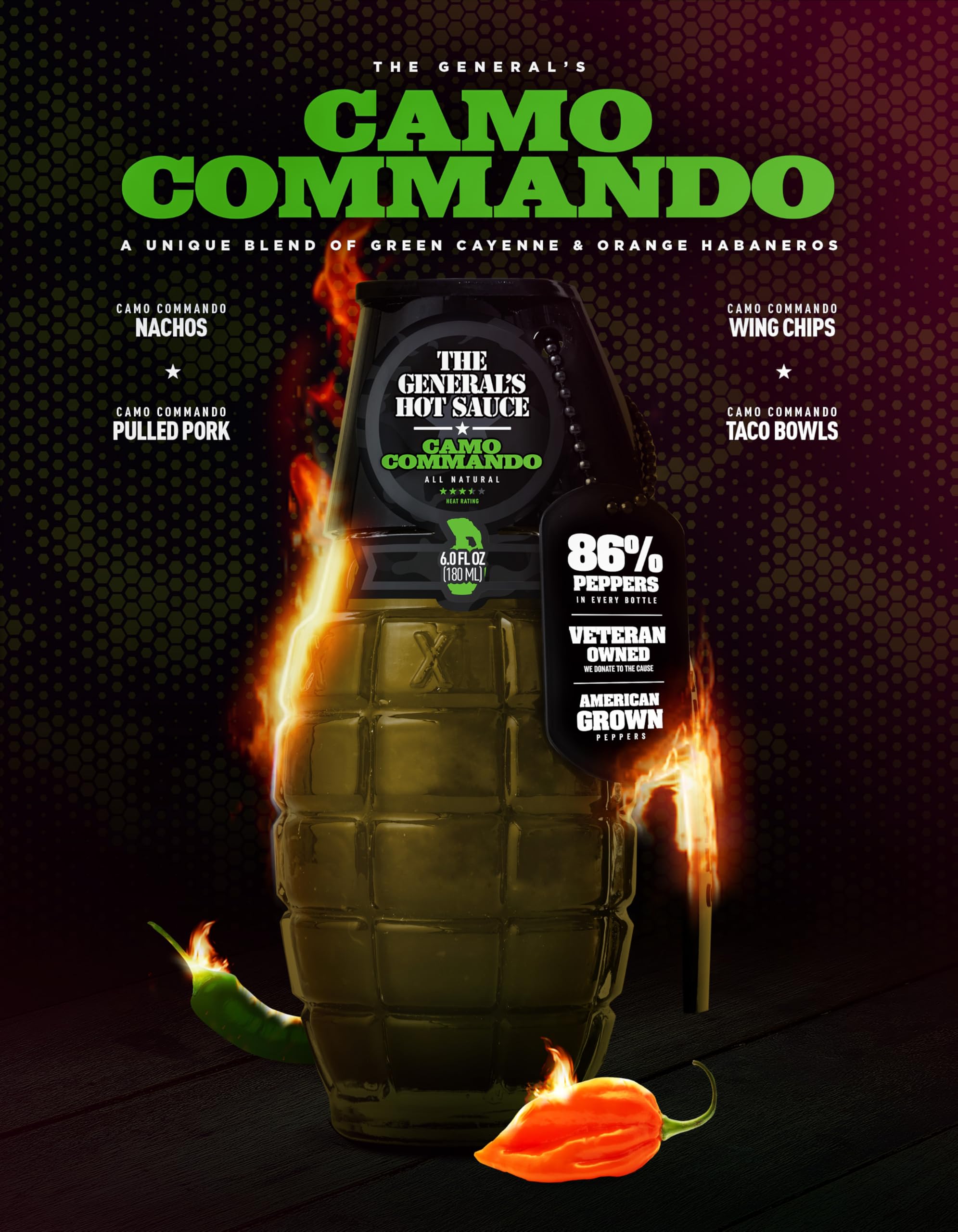 The General's Hot Sauce, Camo Commando, 3.5/5 Heat Rating, 6 oz