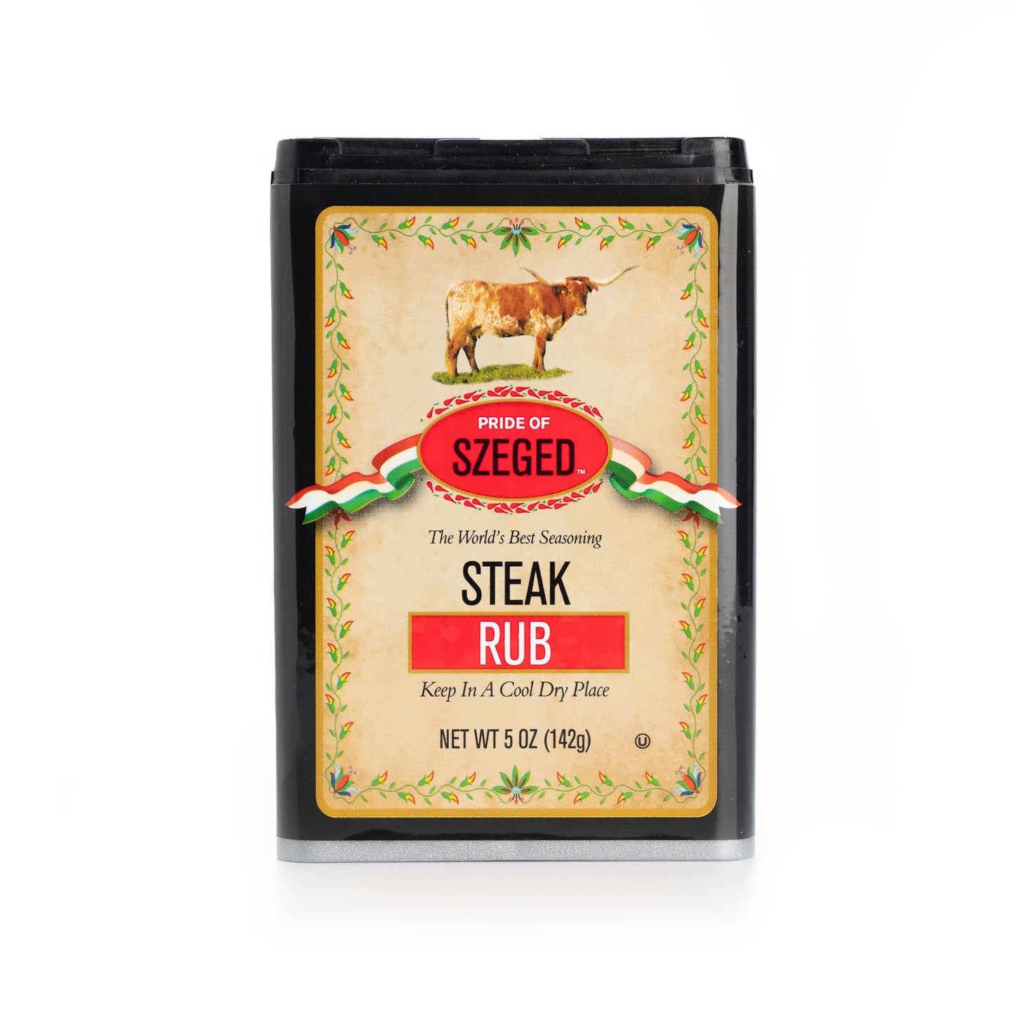 Pride of Szeged Steak Rub Seasoning Spice Mix, Shaker and Pour Top for Steaks Burgers and Beef, 5oz. Tin, 1-Count