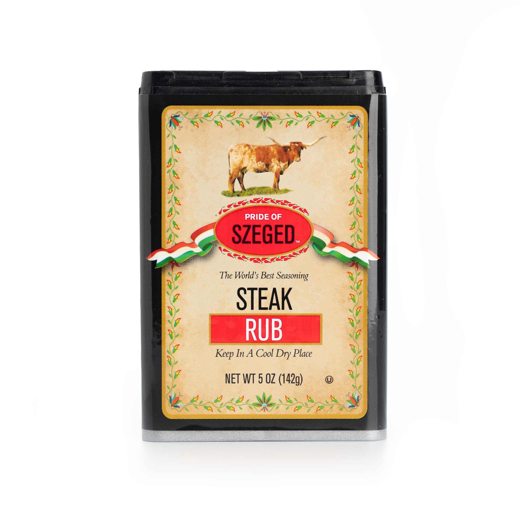 Pride of Szeged Steak Rub Seasoning Spice Mix, Shaker and Pour Top for Steaks Burgers and Beef, 5oz. Tin, 1-Count