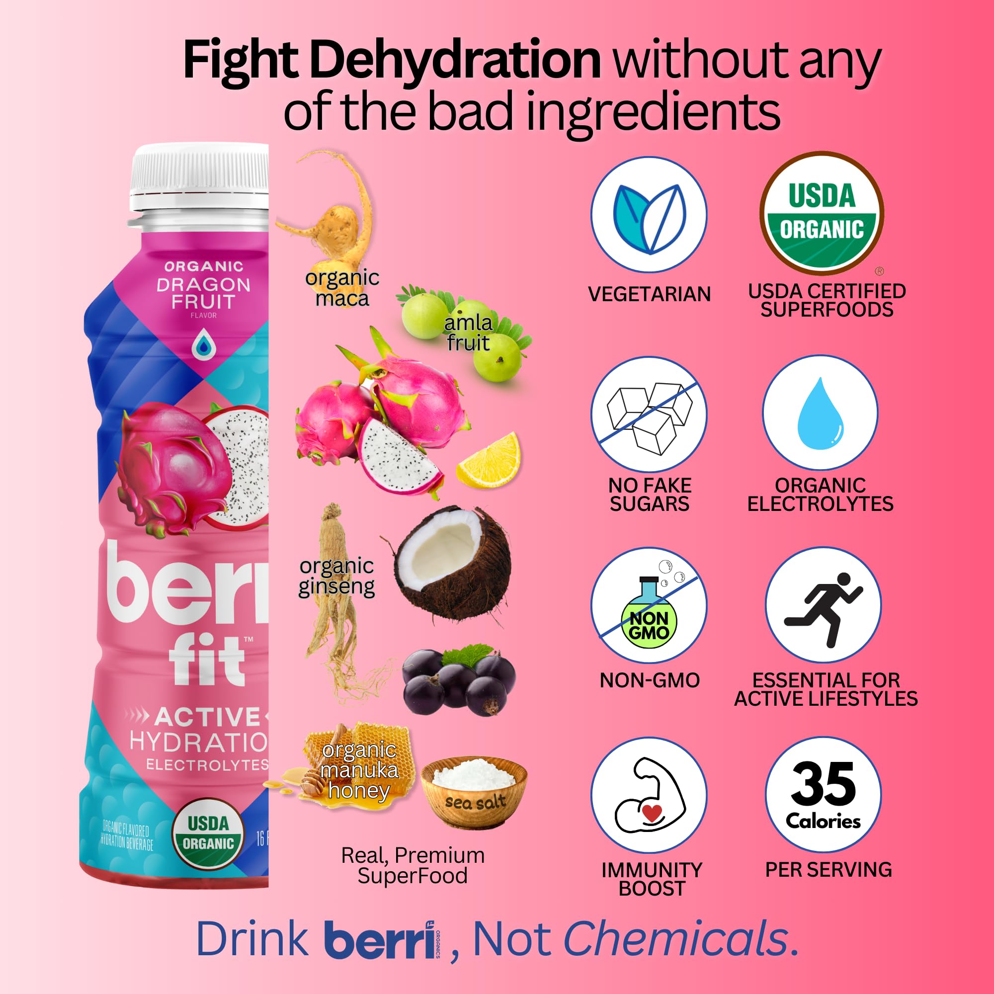 Berri Fit Hydration - Organic Dragon Fruit Flavor Natural Sports Drink - Plant-Based Electrolyte Beverage - Low Calorie, Paleo Coconut Water Solution