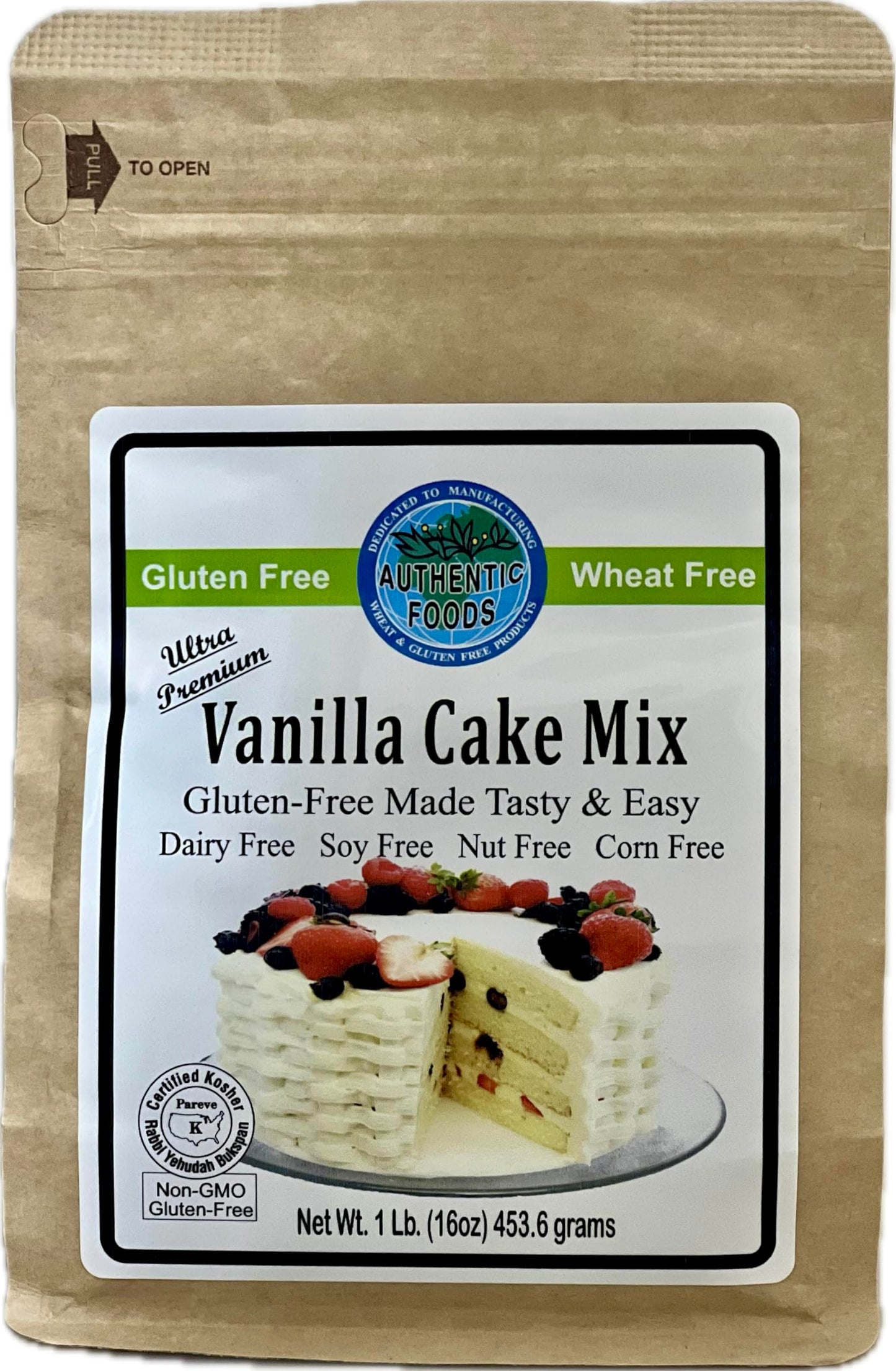 Authentic Foods Vanilla Cake Mix, Gluten-Free, Cupcake Mix, Gluten-Free, Non-GMO Project Verified, Certified Kosher, Non-Dairy, Yellow Cake, Plant Based, Made with Real Tahitian Vanilla, Gum Free,16 Ounces