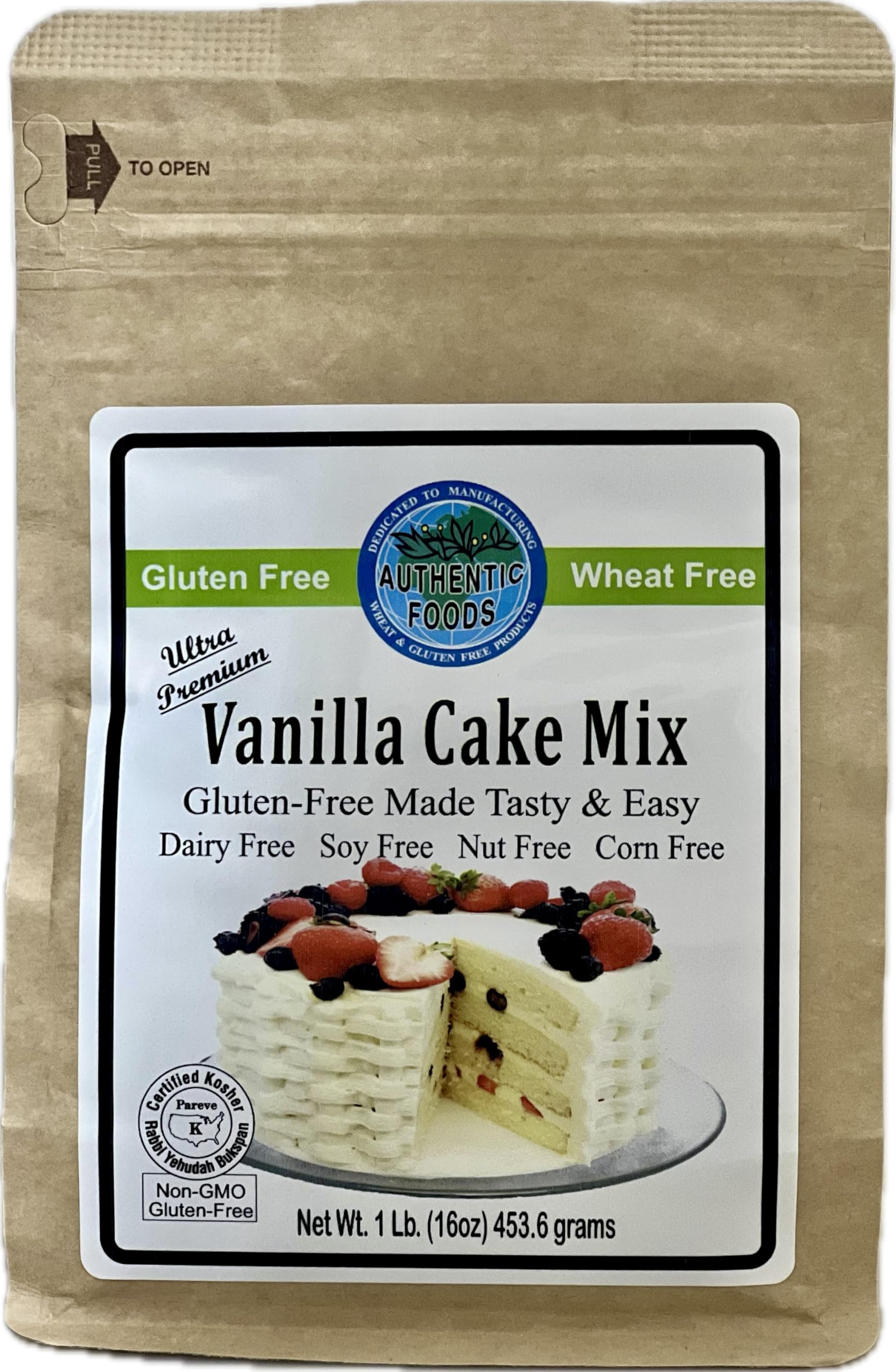 Authentic Foods Vanilla Cake Mix, Gluten-Free, Cupcake Mix, Gluten-Free, Non-GMO Project Verified, Certified Kosher, Non-Dairy, Yellow Cake, Plant Based, Made with Real Tahitian Vanilla, Gum Free,16 Ounces