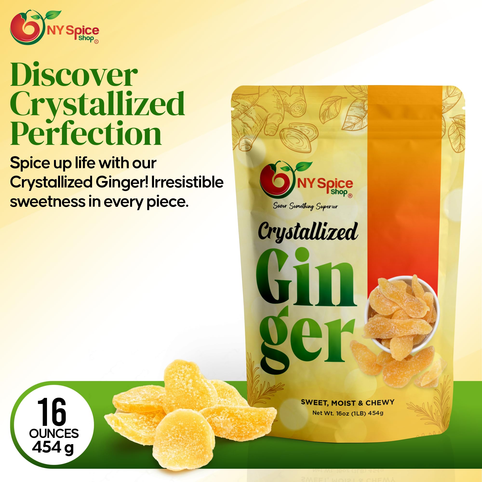 NY SPICE SHOP Candied Ginger Slices - (16 Oz.) 1 Pound Crystallized Ginger Slices - Ginger Hard Candy - Candied Ginger Pieces - Crystallized Ginger