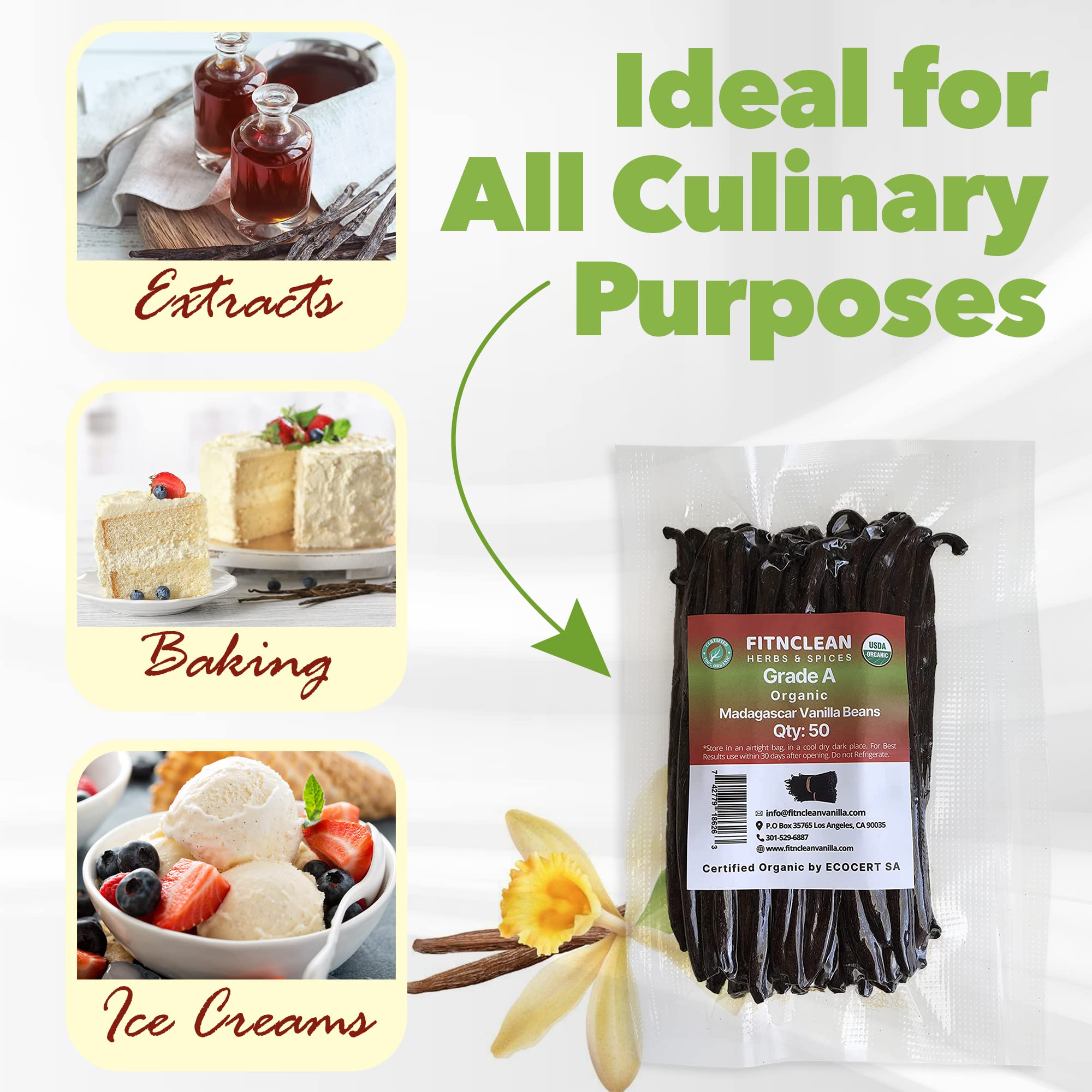 50 Organic Grade A Madagascar Vanilla Beans. Certified USDA Organic for Extract and All Things Vanilla. ~5" by FITNCLEAN VANILLA. Bulk Fresh NON-GMO