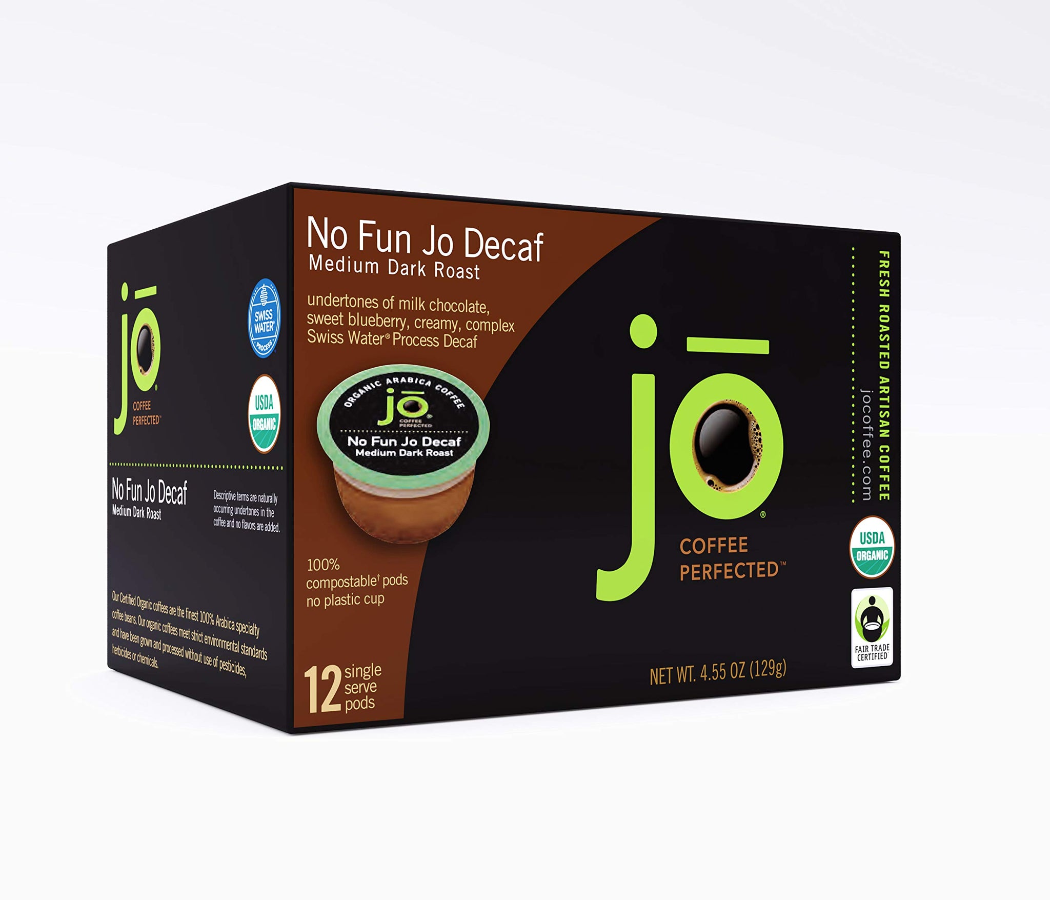 No Fun Jo Decaf: 12 Organic Compostable Pods for Keurig K-Cup Compatible Brewers, Swiss Water Process Eco-Friendly Single Serve Coffee Medium/Dark