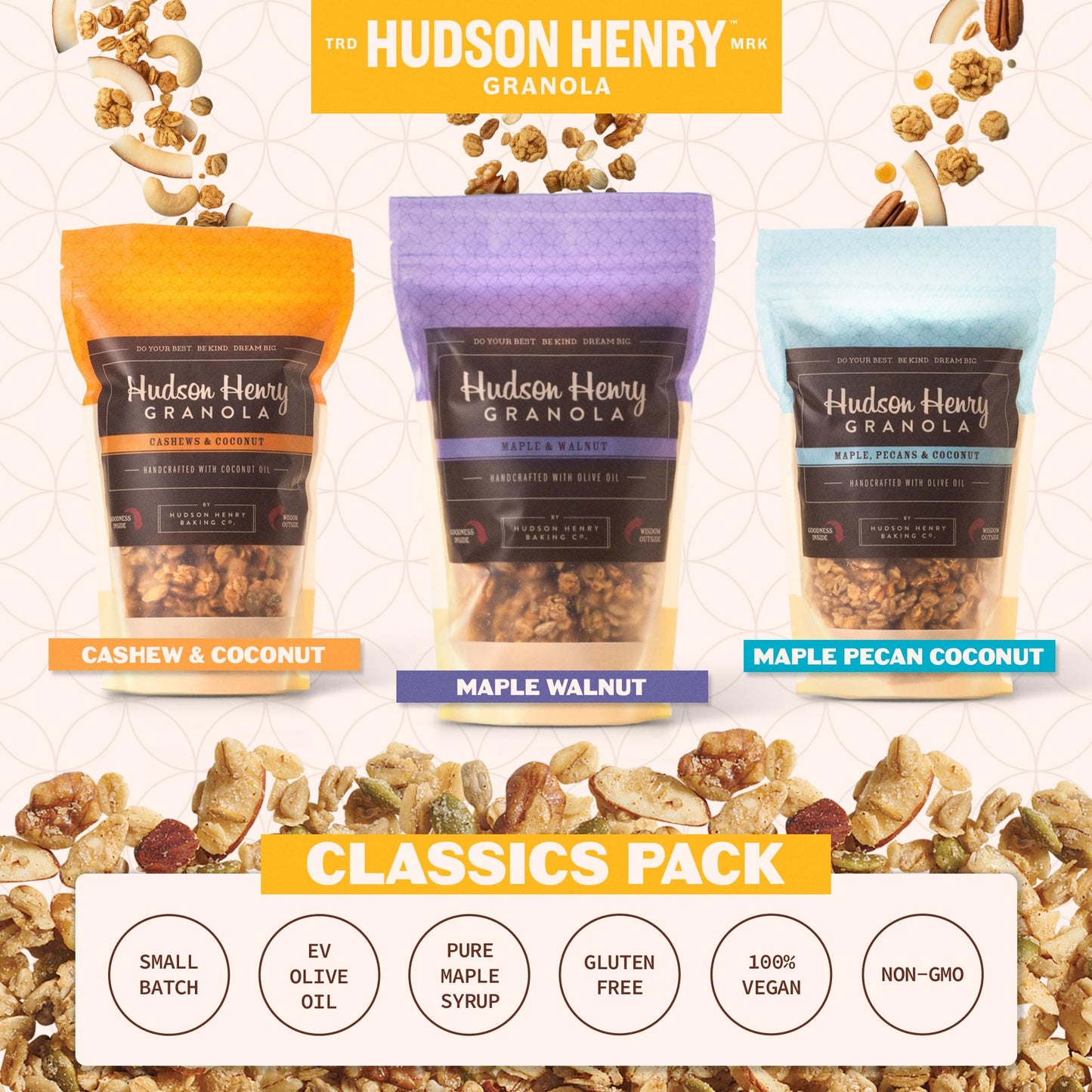 Hudson Henry Classics Granola Variety Pack | Small Batch Baked Gluten Free Granola with Pure Maple Syrup, Extra Virgin Olive Oil & Pumpkin Seeds | Soy