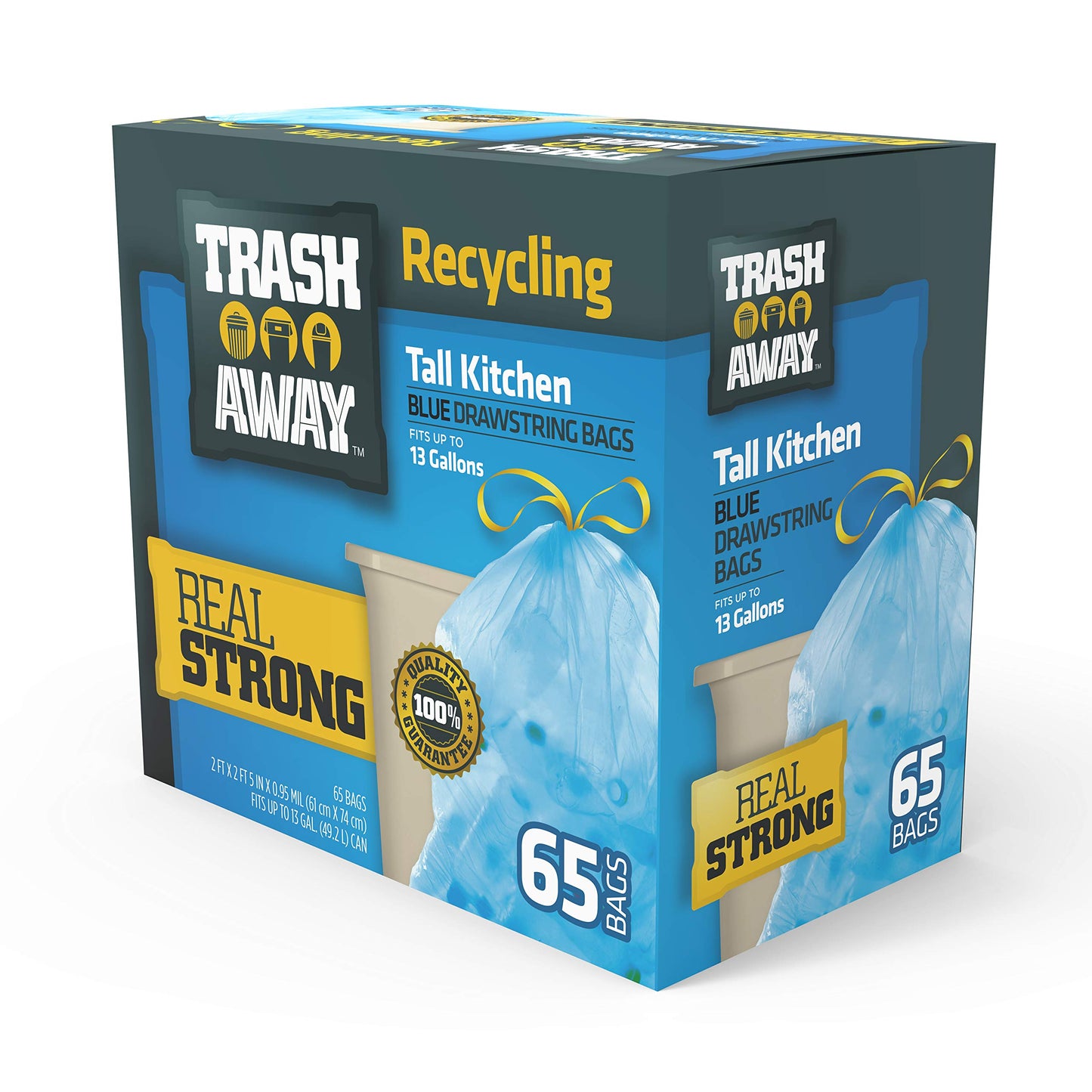 Trash Away Heavy Duty Recycling Drawstring Bags | Tall & Strong Bags for Home & Kitchen - (65 Ct, 13 Gallons) Large Trash Bags Paper,| Thick Recycle