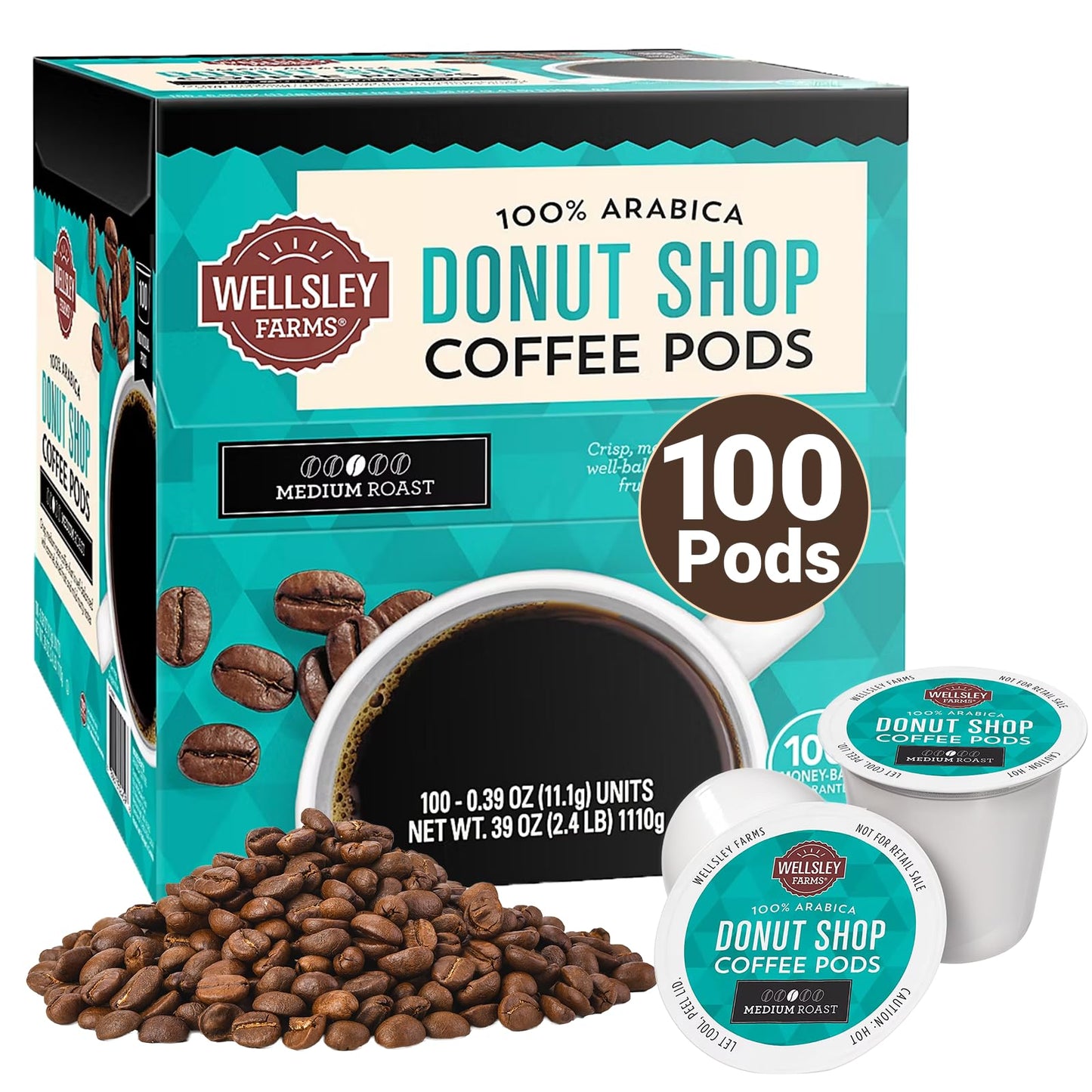 Wellsley Farms Donut Shop Pods | Medium Roast | 100% Arabica | Rich Caramel & Nutty Flavor | Recyclable Single-Serve Pods | Compatible