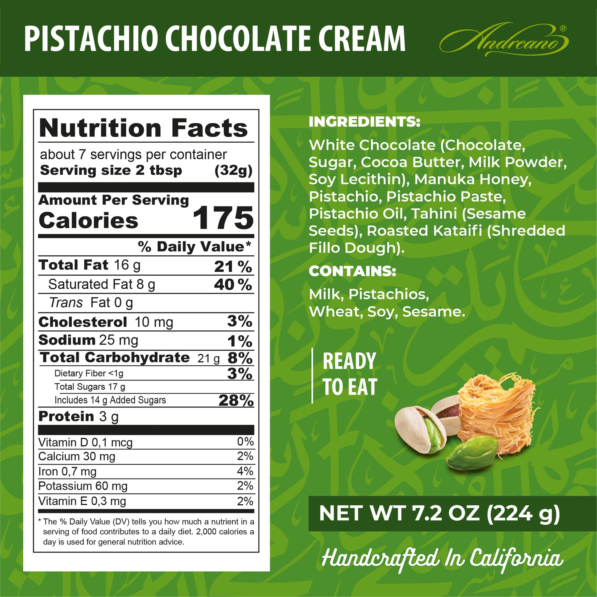 ANDREANO Dubai Gold Pistachio Chocolate Cream - with Manuka Honey & Crispy Kataifi - Gourmet Pistachio Spread - 7.2 oz (224 g) Jar