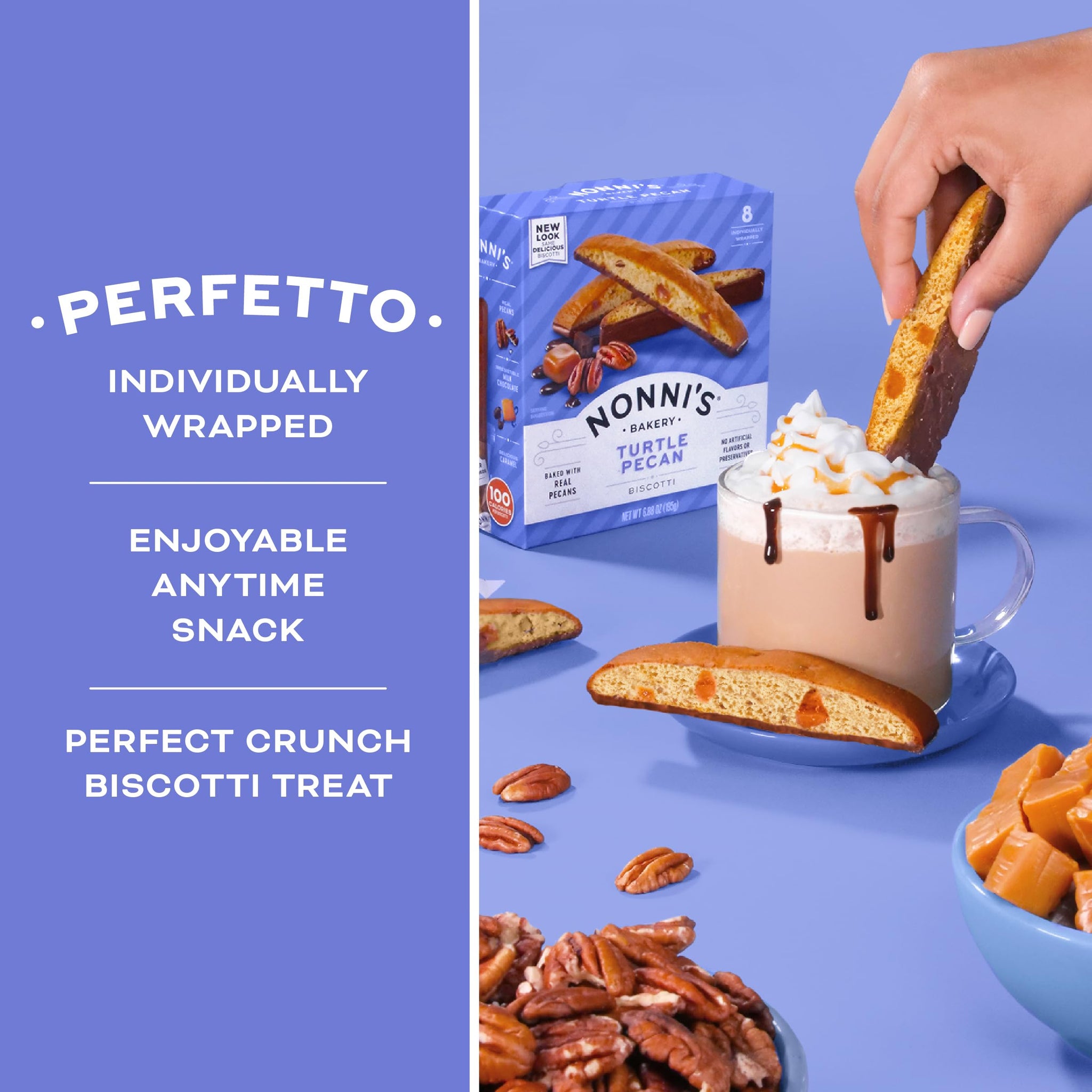 Nonni's Turtle Pecan Biscotti Italian Cookies - 3 Boxes Caramel Pecan Cookies Dipped in Milk Chocolate - Butter Pecan Biscotti Individually Wrapped