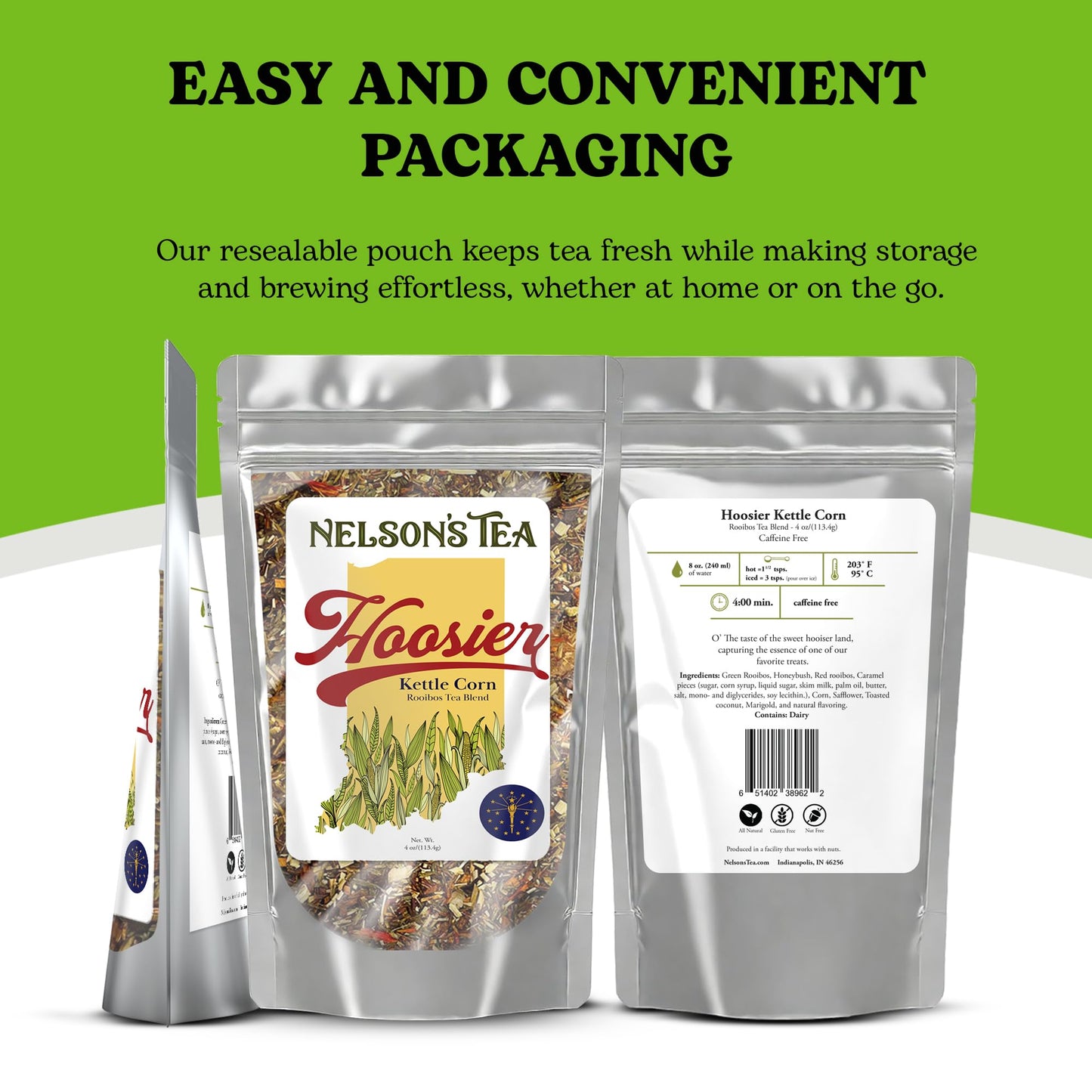 Nelson's Tea Hoosier Kettle Corn - Cut & Sifted, Caffeine Free Loose Leaf Tea with Sweet and Spicy Blend of Green Rooibos, Honeybush, Caramel, Corn