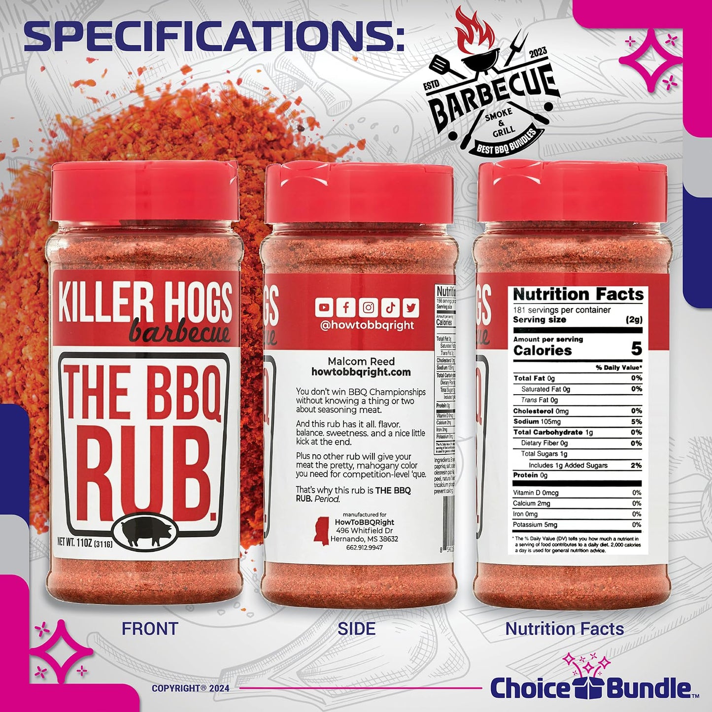 Killer Hogs The BBQ Rub Premium Barbecue Spice & Seasoning 2 pk (22 oz) + BBQ Guide & Bottle Opener (4 Items)!