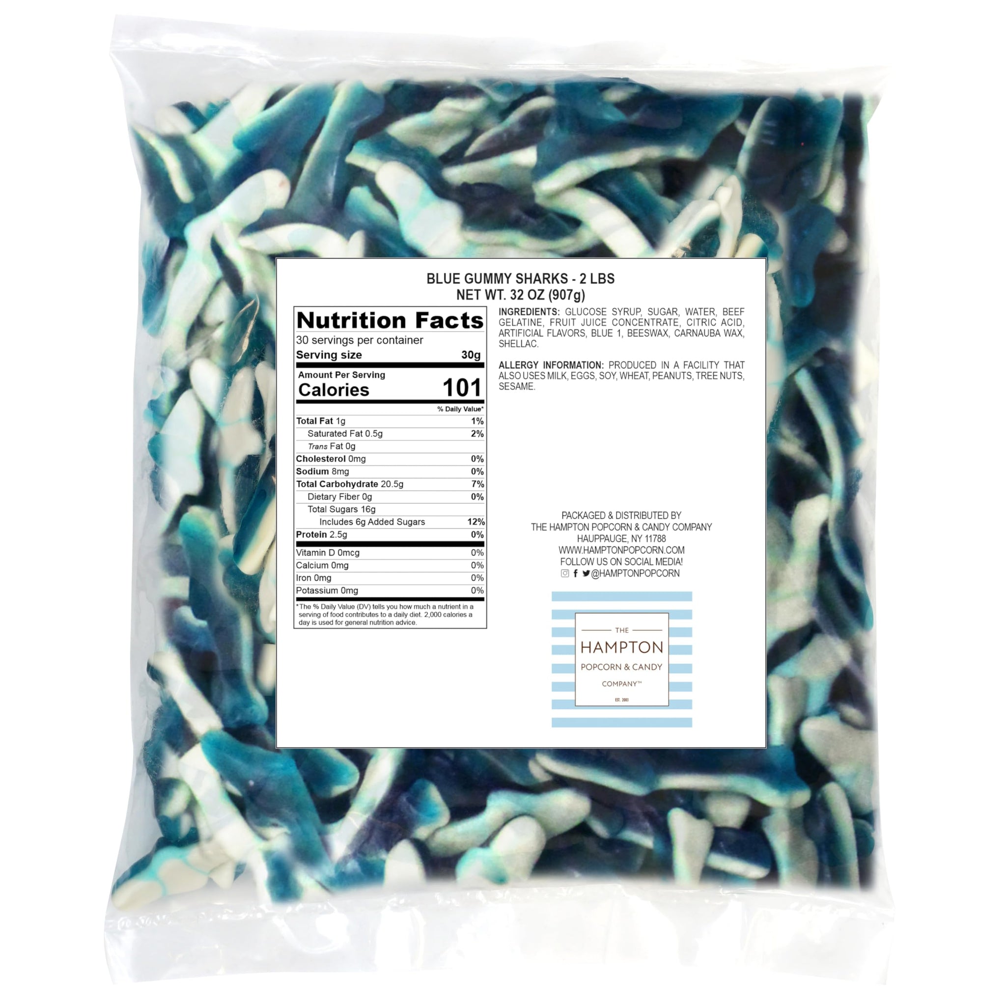 Blue Gummy Sharks Candy, 2 Pound Bulk Bag, The Hampton Popcorn & Candy Company