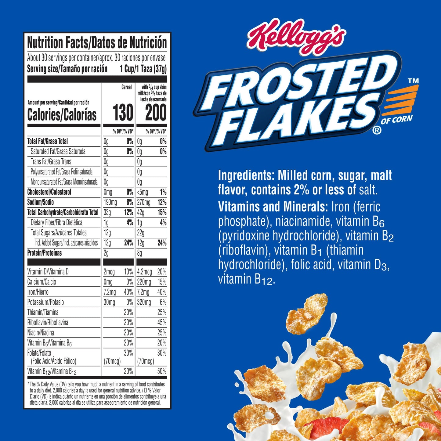 Kellogg's Frosted Flakes Cold Breakfast Cereal, 8 Vitamins and Minerals, Kids Snacks, Original, 39.5oz Bag (1 Bag)