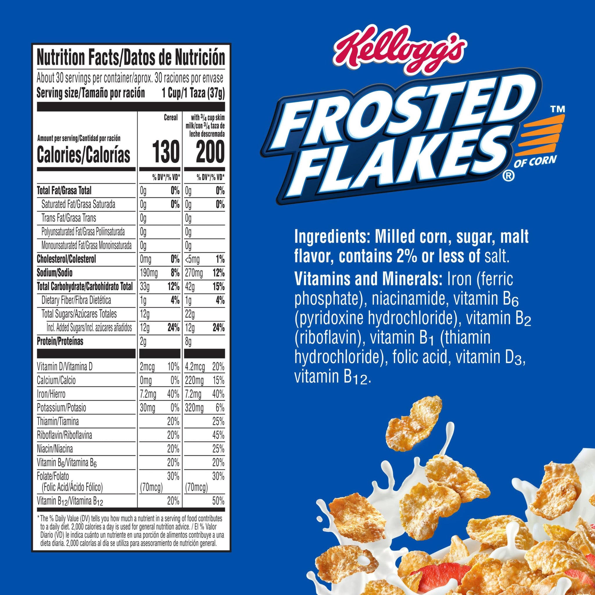 Kellogg's Frosted Flakes Cold Breakfast Cereal, 8 Vitamins and Minerals, Kids Snacks, Original, 39.5oz Bag (1 Bag)