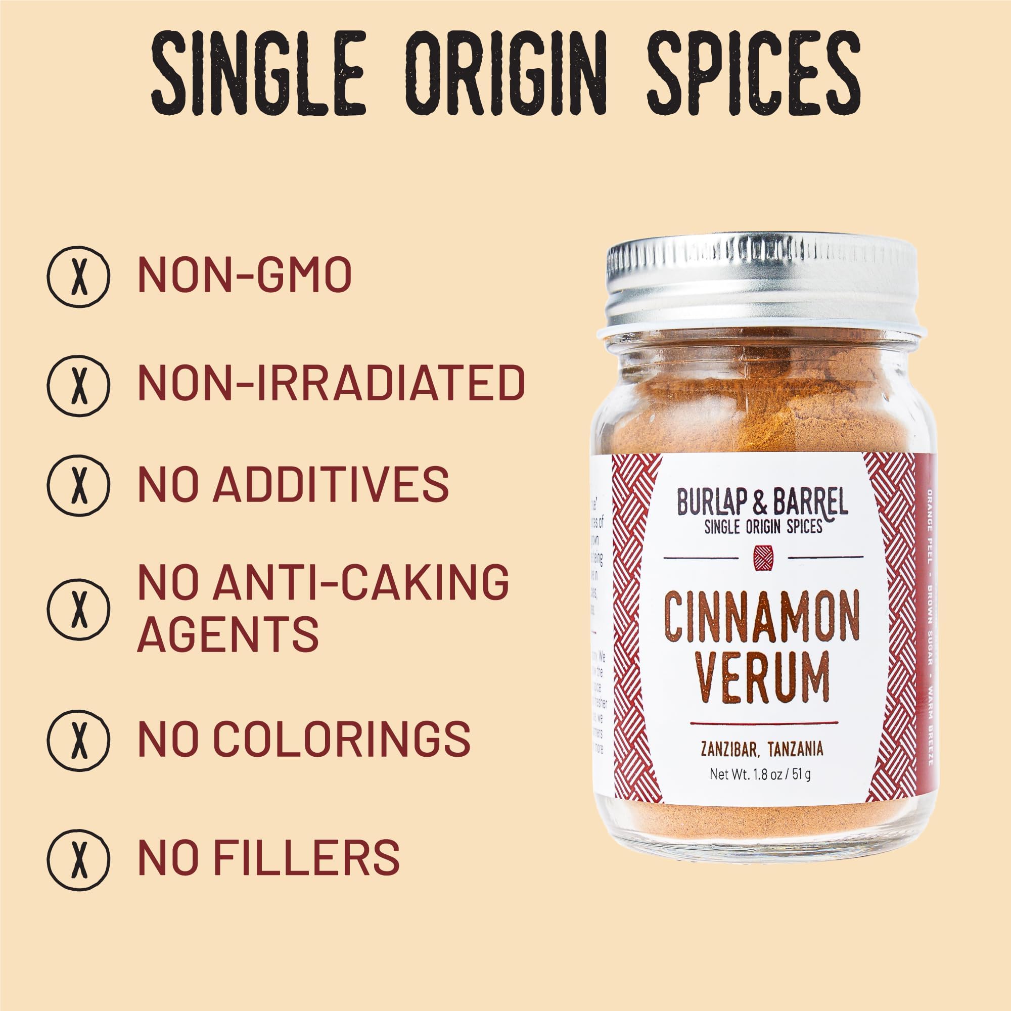 Burlap & Barrel Cinnamon Verum - Ground Ceylon Cinnamon Powder with Pine, Citrus Peel, and Sea Salt Notes - As Seen On Shark Tank - 1.8oz Glass Jar