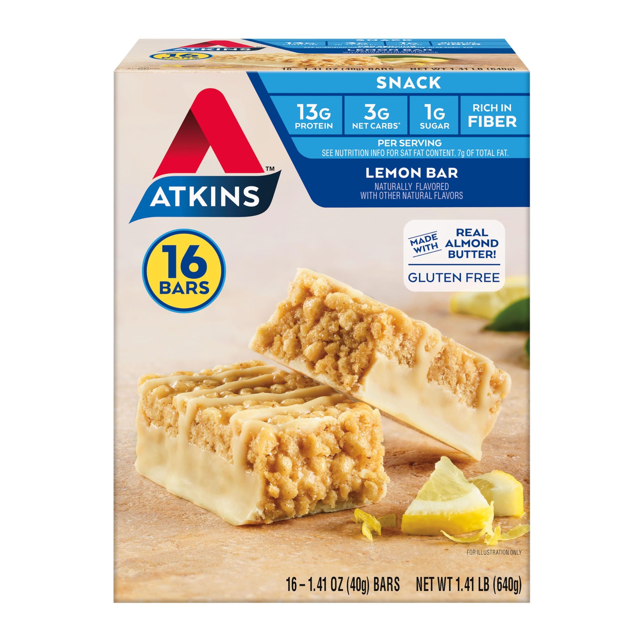 Atkins Lemon Flavored Snack Bar, High Protein Bar, Low Sugar and Low Carb, Keto Friendly Snack, Gluten Free, High in Fiber, Made with Real Almond