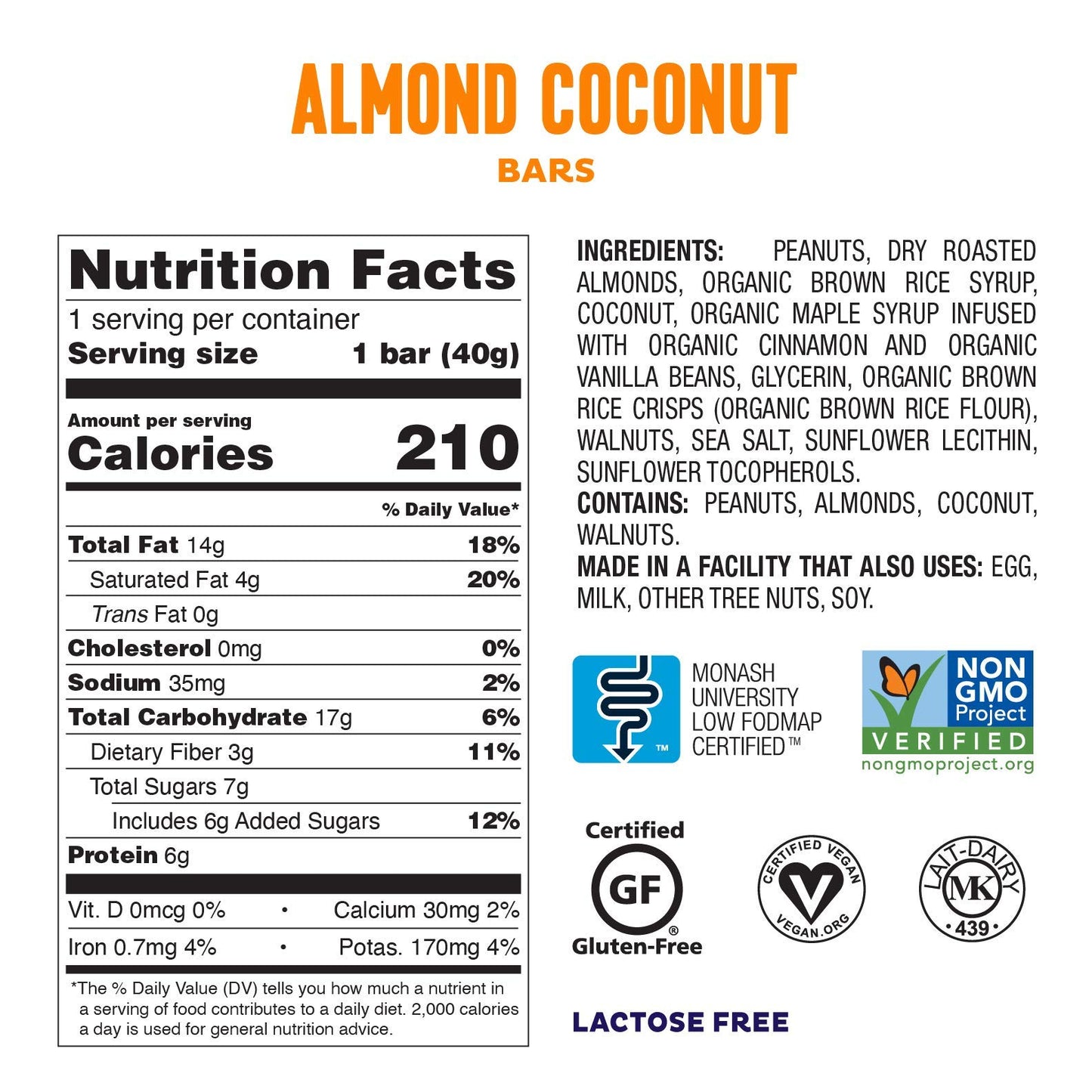Fody Foods Snack Bars, Almond Coconut, 1.41 Oz (Pack of 6), 6g Protein, Low FODMAP, Gut & IBS Friendly, Vegan, Lactose Free, Non-GMO, Gluten Free
