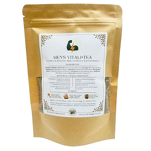 The Good Village Co. Men’s Vitali Loose Leaf Herbal Tea, Caffeine Free Botanical Blend with Ashwagandha, Nettle & Roasted Herbs, 6.5 oz, Approx. 50