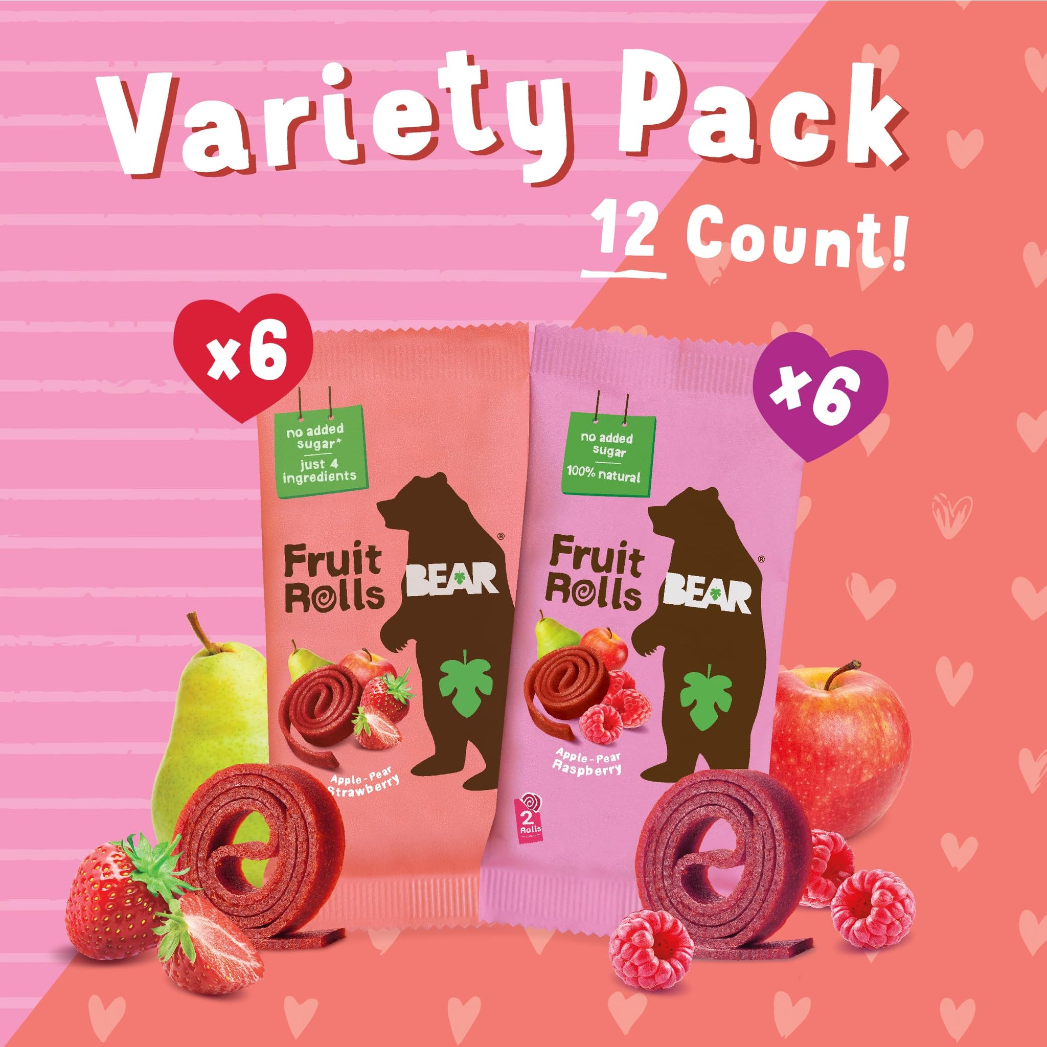 Bear Valentines Day Strawberry & Raspberry Fruit Rolls Variety Pack, 12 Pack (2 Rolls Per Pack) - Gluten Free, Vegan, and Non-GMO - Healthy School