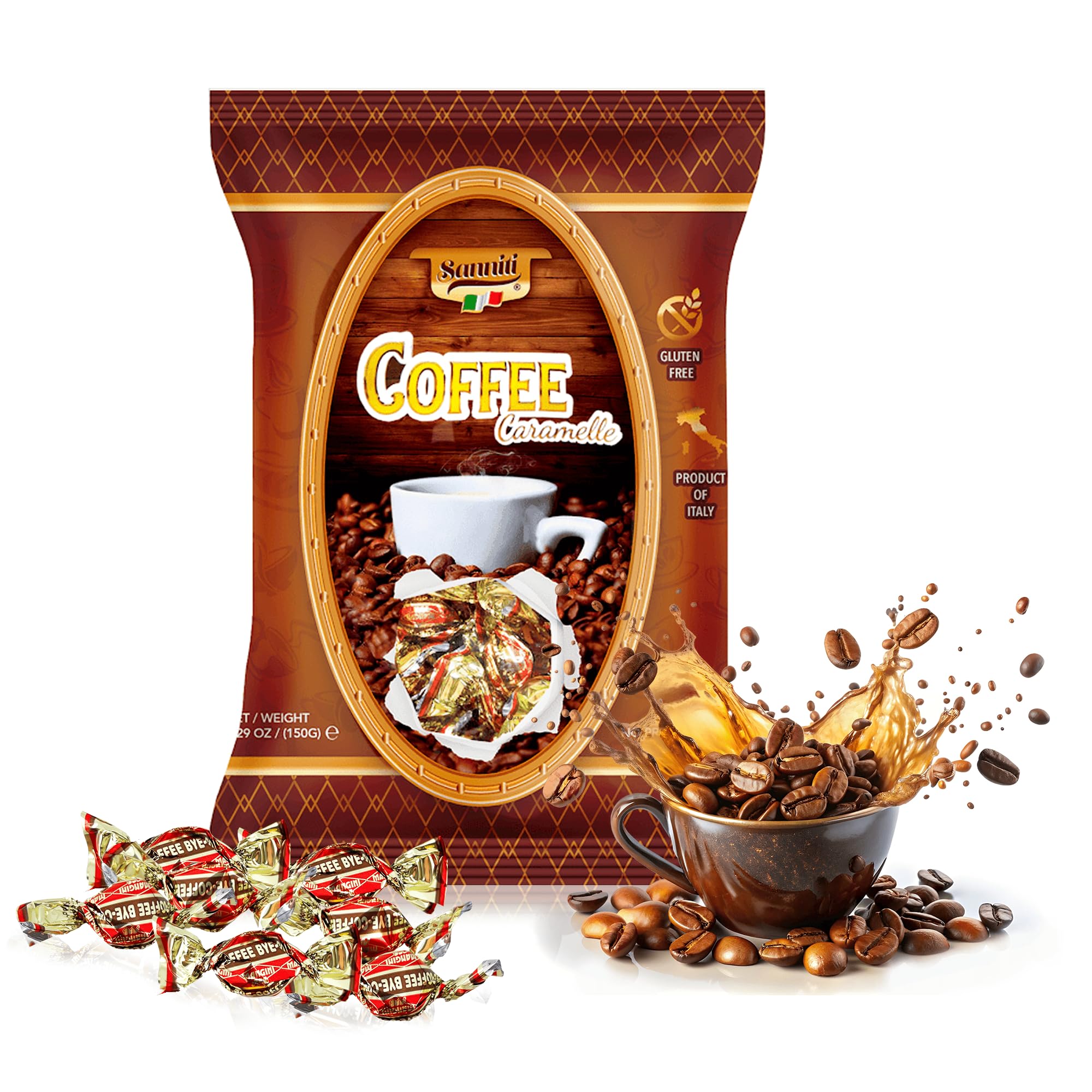 Sanniti Italian Hard Candy Caramelle | Gluten Free, No Preservatives | Product of Italy, 5.29 oz Bag (150 Grams, Coffee)