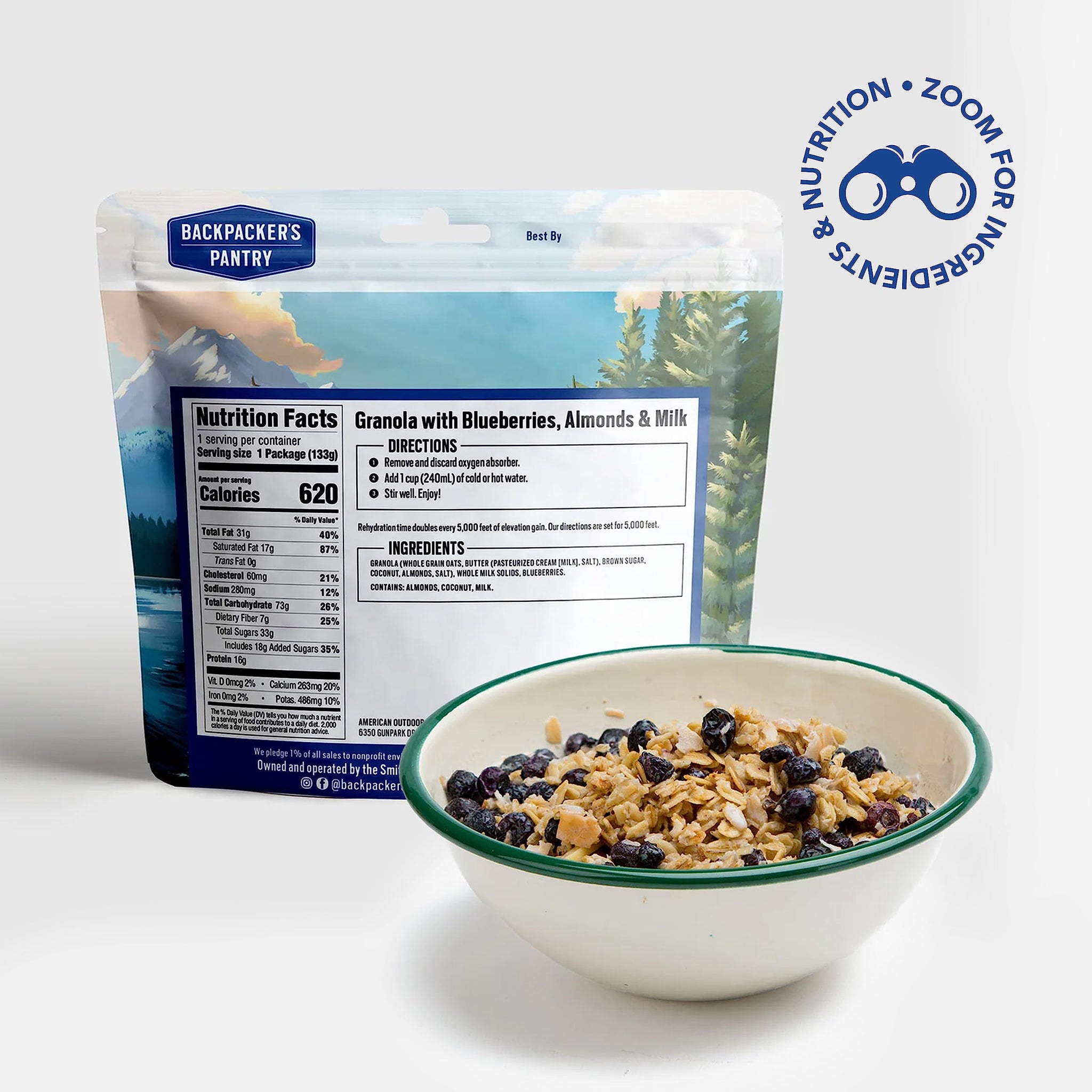 Backpacker's Pantry Granola with Blueberries Almonds & Milk - Freeze Dried Backpacking & Camping Food - Emergency Food - 16 Grams of Protein