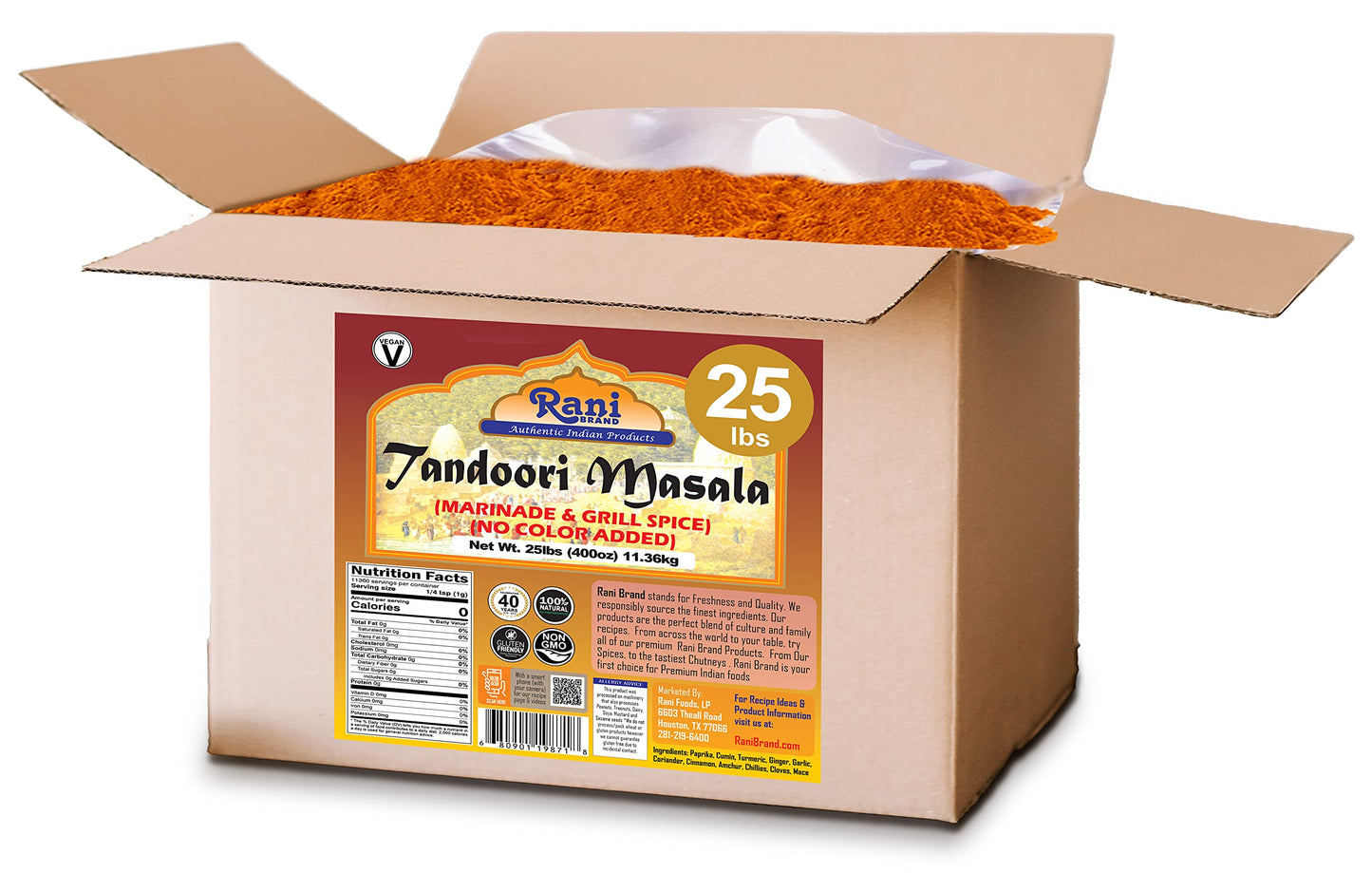 Rani Tandoori Masala (Natural, No Colors Added) Indian 11-Spice Blend 400oz (25lbs) 11.36kg Bulk Box ~ Salt Free | Vegan | Gluten Friendly | NON-GMO |