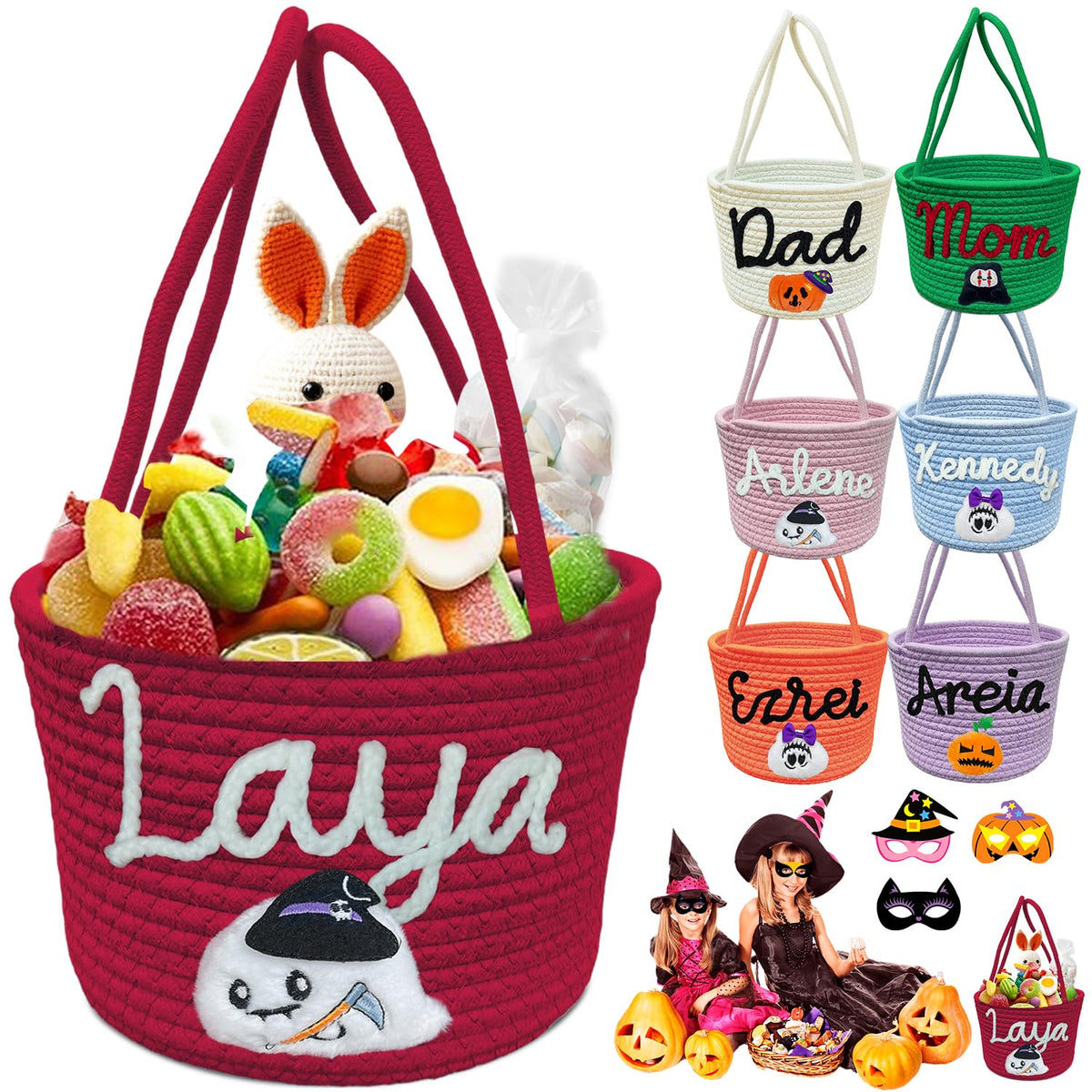 Personalized Halloween Basket, Trick or Treat Bags with Name for Kids Boys Girls Custom Woven Candy Bucket Pumpkin Gifts