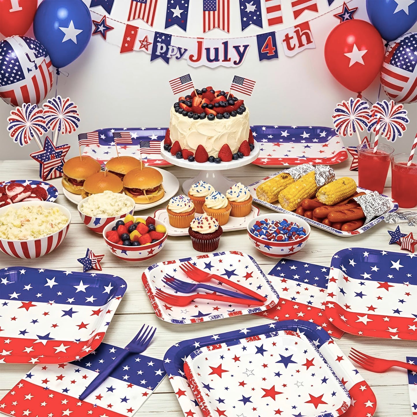 Patriotic Plates and Napkins,96Pcs 4th of July Tableware Set, American Flag Patriotic Party Supplies with Disposable Paper Plates, Napkins,Forks