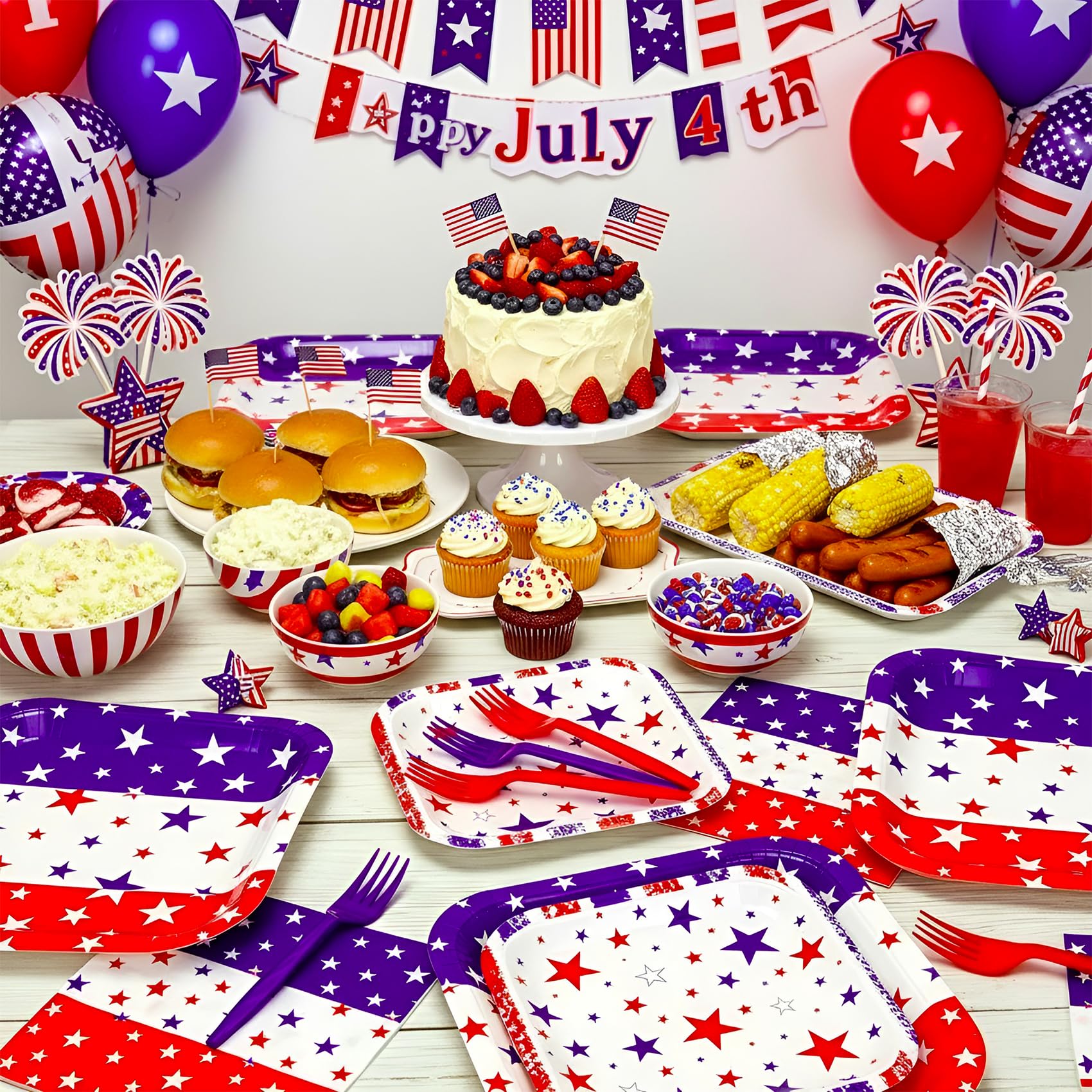 Patriotic Plates and Napkins,96Pcs 4th of July Tableware Set, American Flag Patriotic Party Supplies with Disposable Paper Plates, Napkins,Forks
