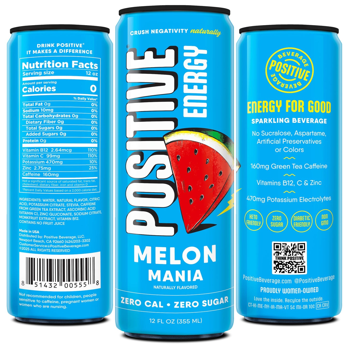 Positive Energy Beverage | Melon Mania | 12-oz Can, Pack of 12 | Zero Sugar Energy Drink, Supports Immunity and Hydration