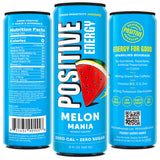 Positive Energy Beverage | Melon Mania | 12-oz Can, Pack of 12 | Zero Sugar Energy Drink, Supports Immunity and Hydration