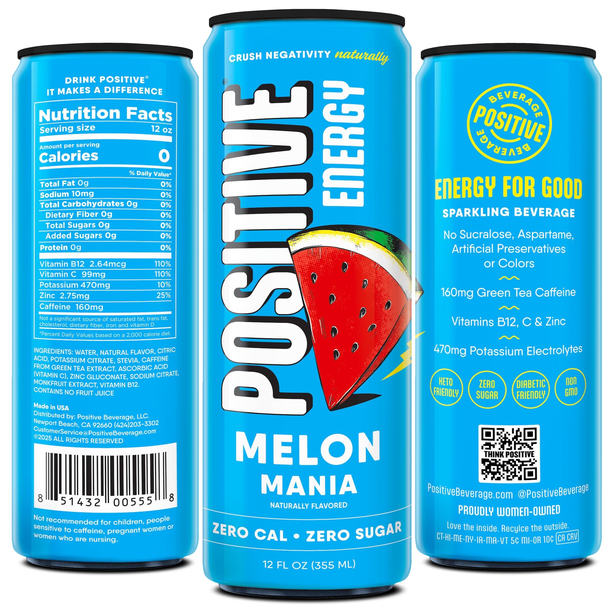 Positive Energy Beverage | Melon Mania | 12-oz Can, Pack of 12 | Zero Sugar Energy Drink, Supports Immunity and Hydration