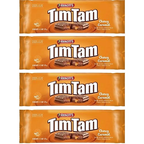 Arnott’s Tim Tam Chewy Caramel Chocolate Biscuits - 4 Pack (175g Each) - Made in Australia - Classic Australian Treat