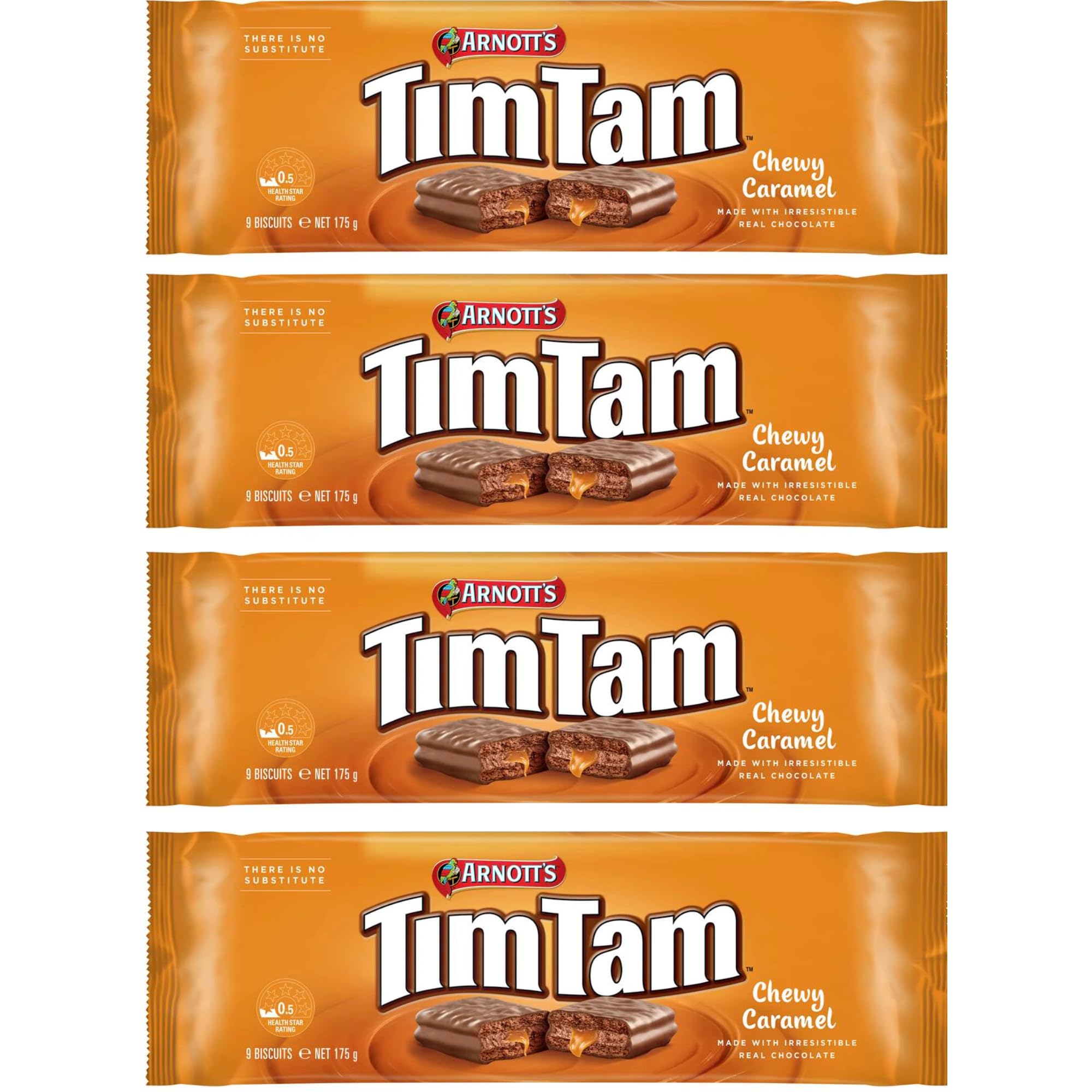 Arnott’s Tim Tam Chewy Caramel Chocolate Biscuits - 4 Pack (175g Each) - Made in Australia - Classic Australian Treat