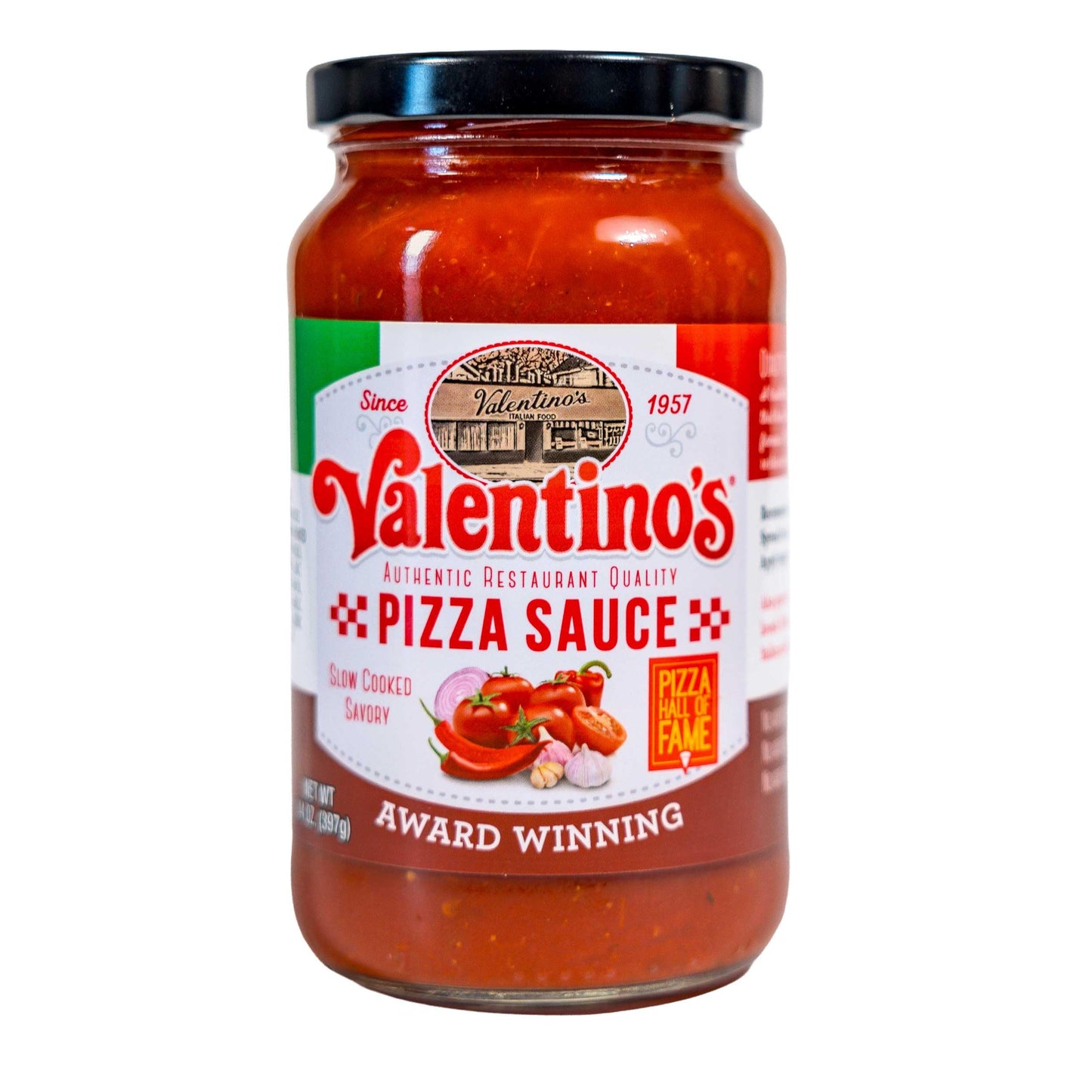 Valentino's Authentic Pizza Sauce 14 oz Glass Jar, Rich Tomato Base with Herbs and Spices, Smooth Pizzeria Style Flavor, Versatile for Pizza, Pasta