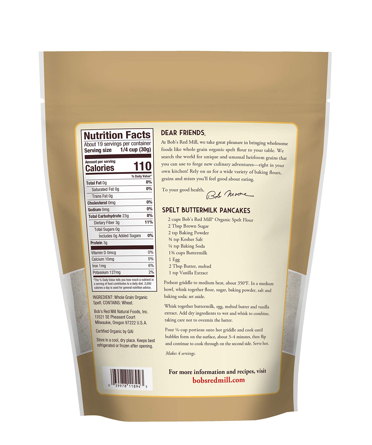 Bob's Red Mill Organic Spelt Flour, 20oz (Pack of 1) - Non GMO, Whole Grain, Vegan, Kosher