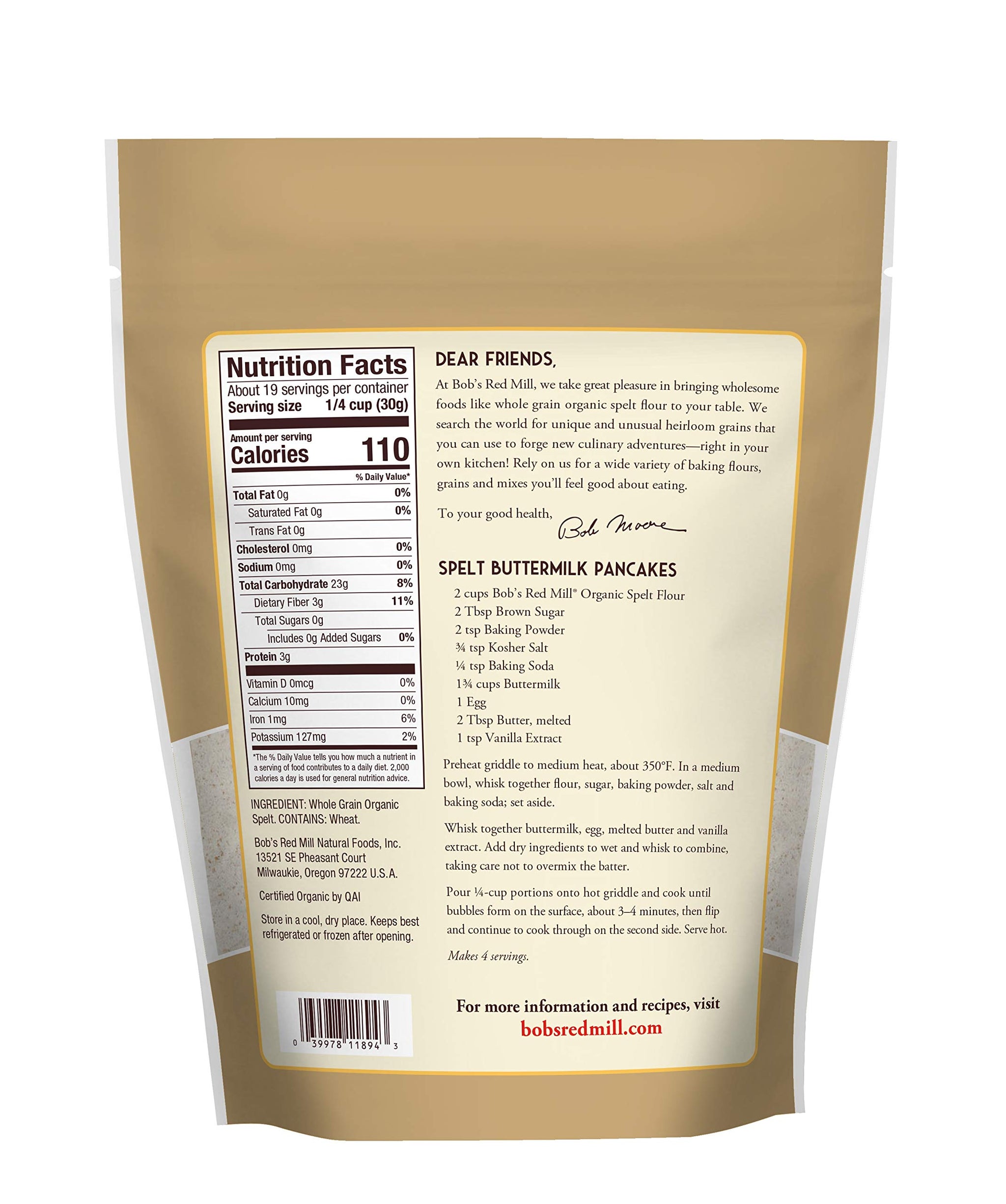 Bob's Red Mill Organic Spelt Flour, 20oz (Pack of 1) - Non GMO, Whole Grain, Vegan, Kosher