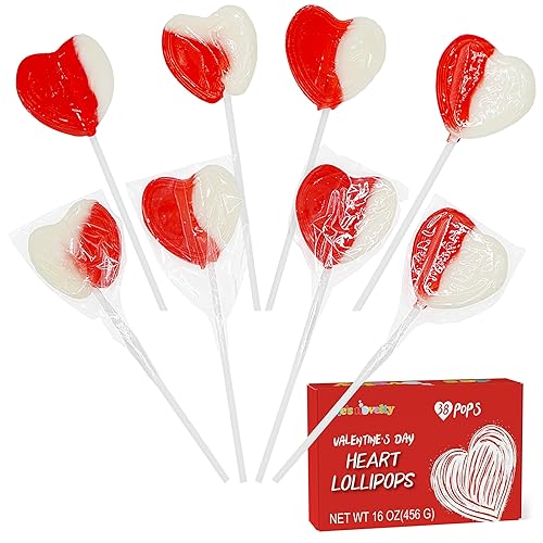 4E's Novelty 38 Pack Valentines Day Heart Shaped Lollipops Bulk Individually Wrapped, Strawberry & Cream Flavored, Suckers for School Valentines Party