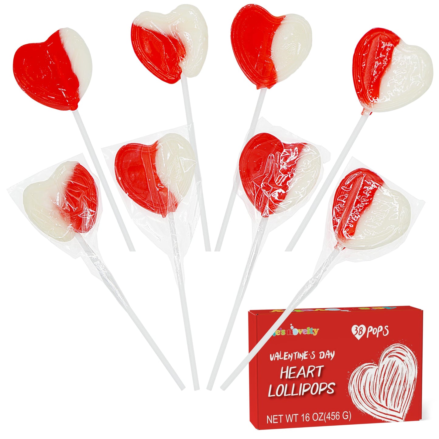 4E's Novelty 38 Pack Valentines Day Heart Shaped Lollipops Bulk Individually Wrapped, Strawberry & Cream Flavored, Suckers for School Valentines Party