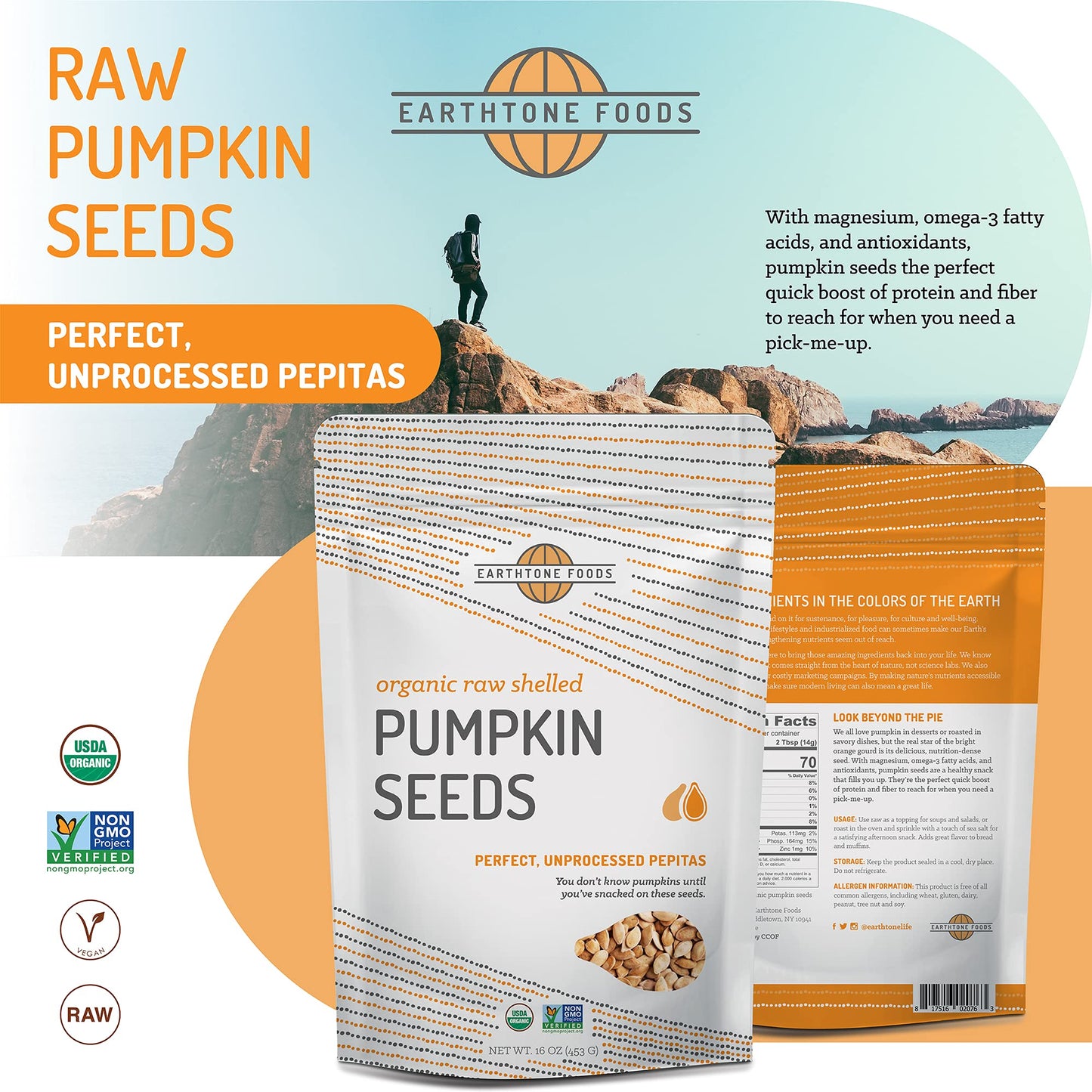 Raw Pumpkin Seeds Organic | Fresh, Hulled, No Shell, Unsalted Pepitas | USDA Non-GMO | Healthy Snacks | Vegan Seed, 16 oz