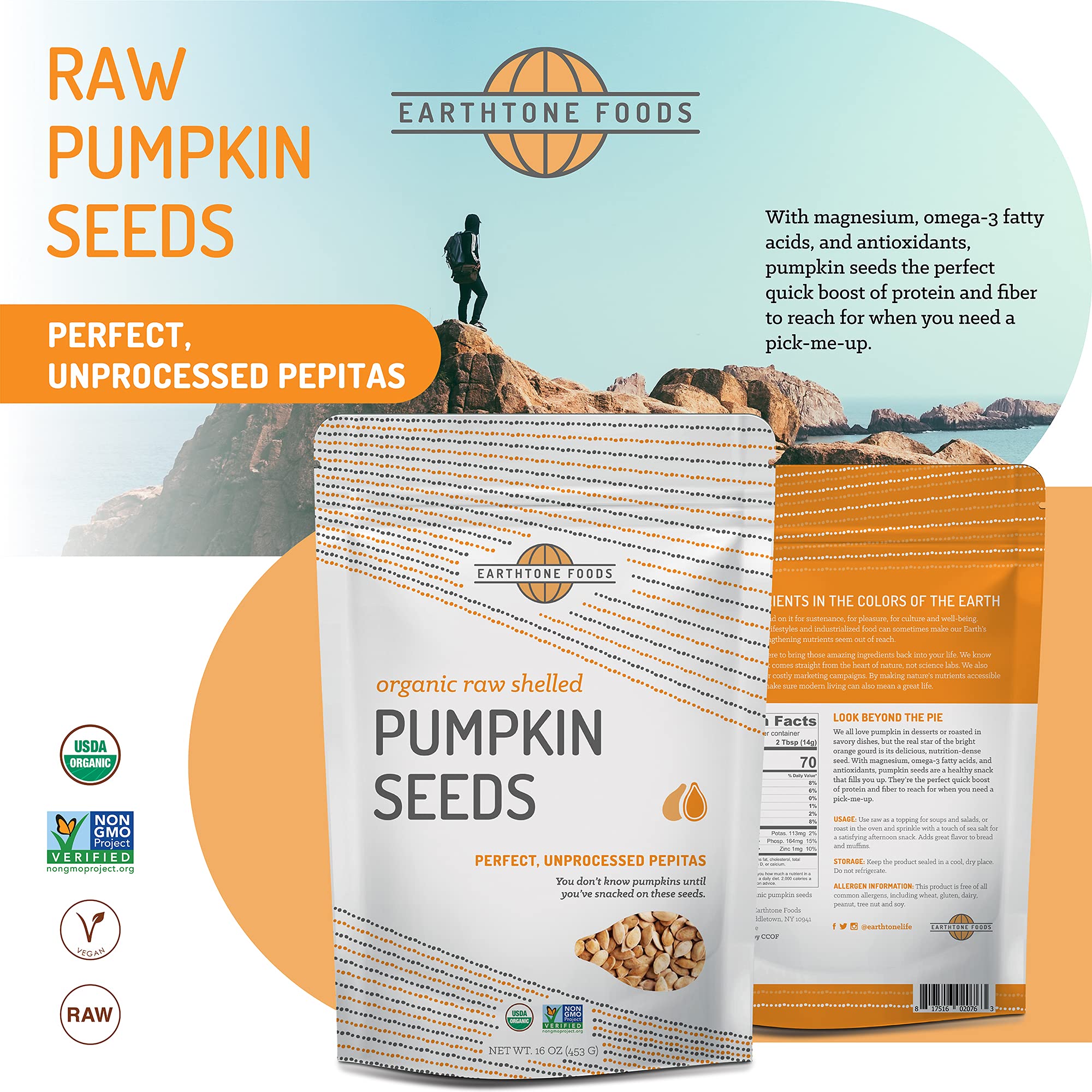Raw Pumpkin Seeds Organic | Fresh, Hulled, No Shell, Unsalted Pepitas | USDA Non-GMO | Healthy Snacks | Vegan Seed, 16 oz