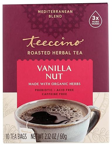 Teeccino Vanilla Nut Herbal Tea - Rich & Roasted Herbal Tea That’s Caffeine Free & Prebiotic For Natural Energy, 10 Tea Bags