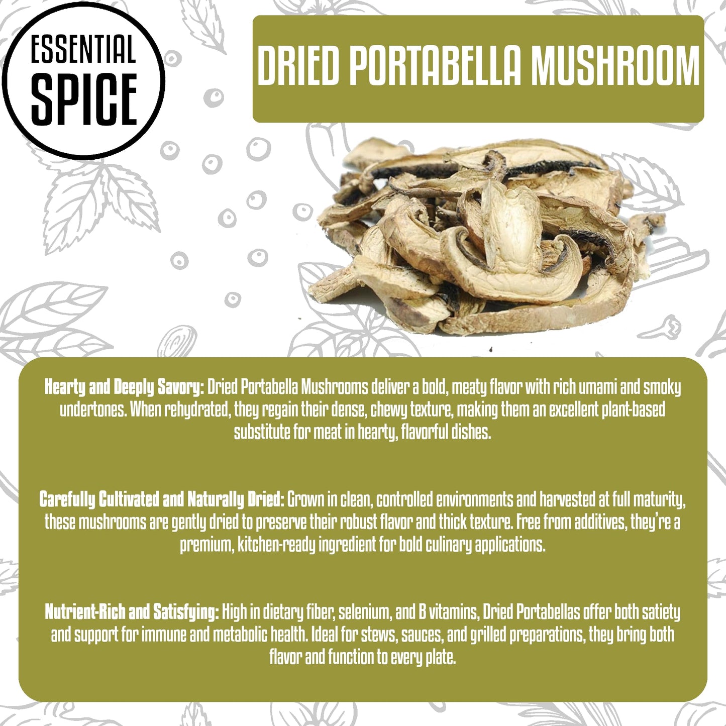 Essential Spice Dried Organic Sliced Portabella Mushrooms - Rich Umami Flavor, Gourmet Quality - Ideal for Soups, Sauces, Stir-Fries & Pasta - Easy