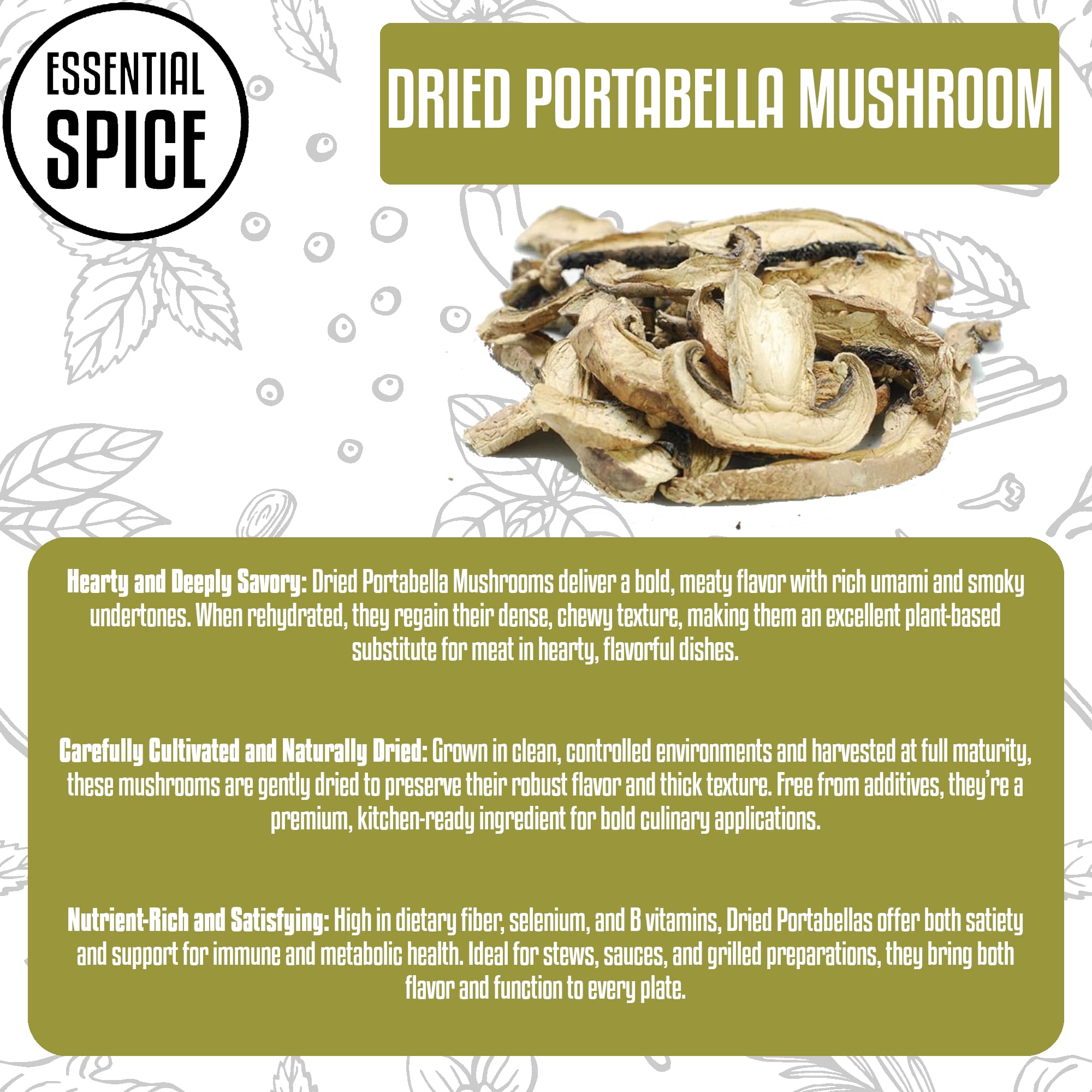 Essential Spice Dried Sliced Portabella Mushrooms - Rich Umami Flavor, Gourmet Quality - Ideal for Soups, Sauces, Stir-Fries & Pasta - Easy